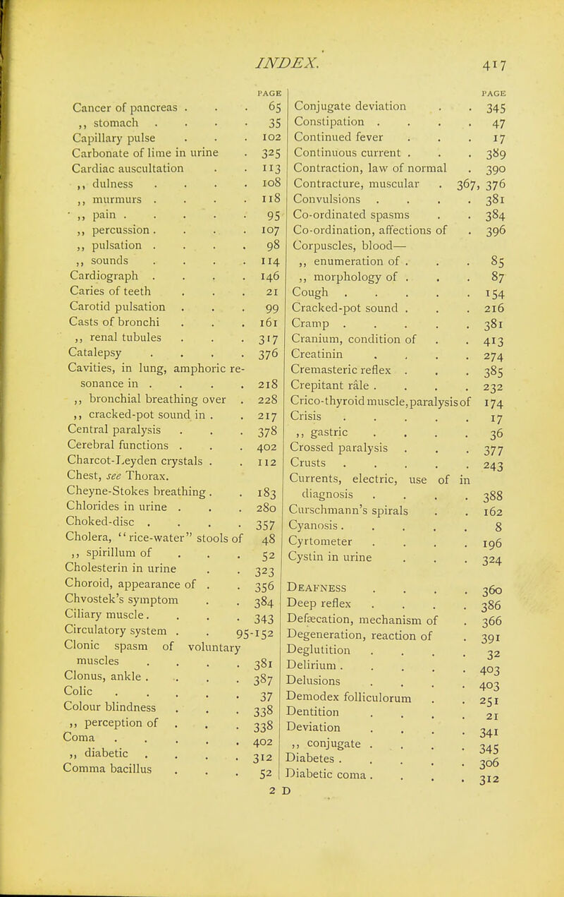 Cancer of pancreas ,, stomach Capillary pulse Carbonate of lime in urine Cardiac auscultation ,, dulness ,, murmurs . • „ pain . ,, percussion . pulsation . ,, sounds Cardiograph . Caries of teeth Carotid pulsation Casts of bronchi renal tubules Catalepsy Cavities, in lung, amphoric re sonance in . ,, bronchial breathing over ,, cracked-pot sound in Central paralysis Cerebral functions . Charcot-Leyden crystals Chest, see Thorax. Cheyne-Stokes breathing Chlorides in urine . Choked-disc . Cholera, rice-water stools of ,, spirillum of Cholesterin in urine Choroid, appearance of Chvostek's symptom Ciliary muscle. Circulatory system Clonic spasm of muscles Clonus, ankle . Colic Colour blindness ,, perception of Coma ,, diabetic Comma bacillus voluntary 95- I'AGE I'AGE 65 Conjugate deviation 345 35 Constipation . 47 102 Continued fever 17 325 Continuous current . 389 113 Contraction, law of normal 390 IOO Contracture, muscular 367, 376 I I O Convulsions . . . 381 95 Co-ordinated spasms 384 107 Co-ordination, affections of 396 Corpuscles, blood— 114 . ■ r ,, enumeration of . 85 I46 ,, morphology of . 87 21 Cough .... 99 Cracked-pot sound . 2l6 Cramp .... 38l 3'7 Cranium, condition of All. 37° Creatinin Cremasteric reflex . 274 385 218 Crepitant rale . 22o Crico-thyroid muscle, paralysis of 174. 217 Crisis .... 17 37° ,, gastric 36 402 Crossed paralysis 377 T I O Crusts .... Currents, electric, use of in 24 3 T Si l83 diagnosis 388 Curschmann's spirals l62 03/ Cyanosis.... C 0 48 Cyrtometer I96 52 Cystin in urine 324 356 Deafness 36O 384 Deep reflex 30O 343 Defaecation, mechanism of 366 -r52 Degeneration, reaction of Deglutition 391 32 Delirium .... 403 403 251 21 387 Delusions 57 Demodex folliculorum 330 Dentition 338 Deviation 341 402 ,, conjugate . . 345 306 312 312 Diabetes .... 52 Diabetic coma. 2 D