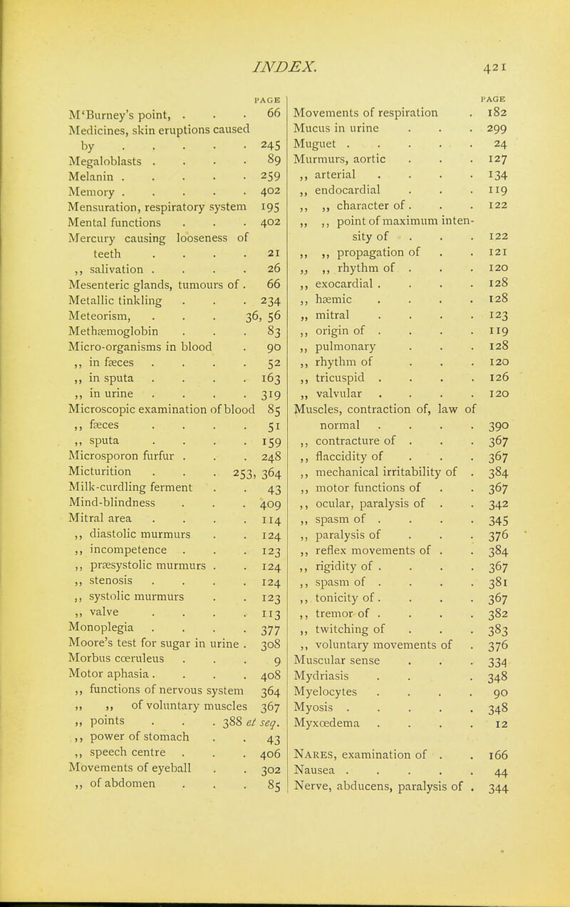 PAGE PAGE M'Burney's point, . 66 Movements of respiration l82 Medicines, skin eruptions caused Mucus in urine 299 by 245 Muguet . . . ... 24 Megaloblasts . 89 Murmurs, aortic 127 Melanin . 259 j > arterial .... 134 Memory ..... 402 j > endocardial 119 Mensuration, respiratory system I9S 9J ,, character of. 122 Mental functions 402 >> ,, point of maximum inten- Mercury causing looseness of sity of 122 teeth . . . . 21 ) > ,, propagation of 121 ,, salivation .... 26 )) ,, rhythm of . I20 Mesenteric glands, tumours of . 66 >» exocardial .... 128 Metallic tinkling 234 J) hcfimic .... 128 Meteorism, ... 36, 56 J) mitral .... 123 Methaemoglobin 83 ) ) origin of . 119 Micro-organisms in blood 90 J) pulmonary 128 ,, in feces .... 52 >> rhythm of ... I20 in sputa . . 163 ) ) tricuspid .... 126 ,, in urine .... 319 )) valvular .... I20 Microscopic examination of blood 85 Muscles, contraction of, law of ,, feces .... 5i normal .... 390 ,, sputa .... 159 > > contracture of . 367 Microsporon furfur . 248 > > flaccidity of 367 Micturition . . . 253, 364 mechanical irritability of . 384 Milk-curdling ferment 43 >> motor functions of 367 Mind-blindness 409 > > ocular, paralysis of . 342 Mitral area .... 114 spasm of . 345 ,, diastolic murmurs 124 >) paralysis of 376 ,, incompetence 123 reflex movements of . 384 ,, presystolic murmurs . 124 > > rigidity of . 367 stenosis .... 124 i > spasm of . 381 ,, systolic murmurs 123 > j tonicity of. 367 ,, valve .... 3 j > tremor of . 382 Monoplegia .... 377 >) twitching of 383 Moore's test for sugar in urine . 308 51 voluntary movements of 376 Morbus cceruleus 9 Muscular sense 334 Motor aphasia.... 408 Mydriasis 348 ,, functions of nervous system 364 Myelocytes .... 90 ,, ,, of voluntary muscles 367 My osis ..... 348 „ points . . .388 et seq. Myxoedema .... 12 ,, power of stomach 43 ,, speech centre 406 Nares, examination of . 166 Movements of eyeball 302 Nausea ..... 44 ,, of abdomen 85 Nerve, abducens, paralysis of . 344
