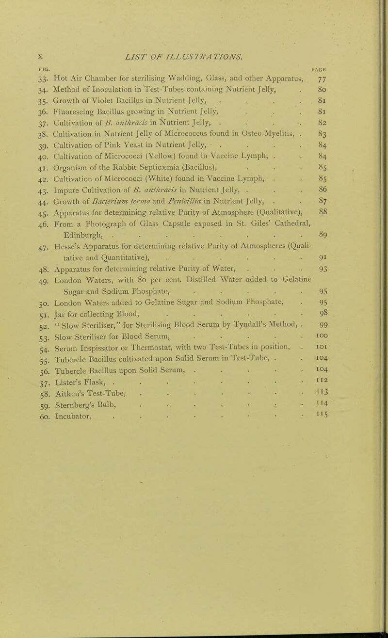 !■ IG. I'AGK 33. Hot Air Chamber for sterilising Wadding, Glass, and otlier Apparatus, 77 34. Method of Inoculation in Test-Tubes containing Nutrient Jelly, . 80 35. Growth of Violet Bacilhis in Nutrient Jelly, . . . .81 36. Fluorescing Bacillus growing in Nutrient Jelly, . . .81 37. Cultivation of ^. ffwMwaj in Nutrient Jelly, . . . 82 38. Cultivation in Nutrient Jelly of Micrococcus found in Osteo-.Myelitis, . 83 39. Cultivation of Pink Yeast in Nutrient Jelly, . . . .84 40. Cultivation of Micrococci (Yellow) found in Vaccine Lymph, . . 84 41. Organism of the Rabbit Septicaemia (Bacillus), . . .85 42. Cultivation of Micrococci (White) found in Vaccine I-ymph, . . 85 43. Impure Cultivation of 2?. in Nutrient Jelly, . . .86 44. Growth of /^;v«i) and/\.'«/«7//a in Nutrient Jelly, . . 87 45. Apparatus for determining relative Purity of Atmosphere (Qualitative), 88 46. From a Photograph of Glass Capsule exposed in St. Giles' Cathedral, Edinburgh, ........ 89 47. Hesse's Apparatus for detennining relative Purity of Atmospheres (Quali- tative and Quantitative), . . . . . .91 48. Apparatus for determining relative Purity of Water, . . -93 49. London Waters, with 80 per cent. Distilled Water added to Gelatine Sugar and Sodium Phosphate, . . . • • 95 50. London Waters added to Gelatine Sugar and Sodium Phosphate, . 95 51. Jar for collecting Blood, ...... 98 52.  Slow Steriliser, for Sterilising Blood Serum by Tyndall's Method, . 99 53. Slow Steriliser for Blood Serum, . . . . .100 54. Serum Inspissator or Thermostat, with two Test-Tubes in position, . loi 55. Tubercle Bacillus cultivated upon Solid Serum in Test-Tube, . . 104 56. Tubercle Bacillus upon Solid Serum, . . . • .104 57. Lister's Flask, . . . ■ • • • .112 58. Aitken's Test-Tube, . . • • • • -113 59. Sternberg's Bulb, . . • • ■ i • i H 60. Incubator, . • • • • • • • I'S