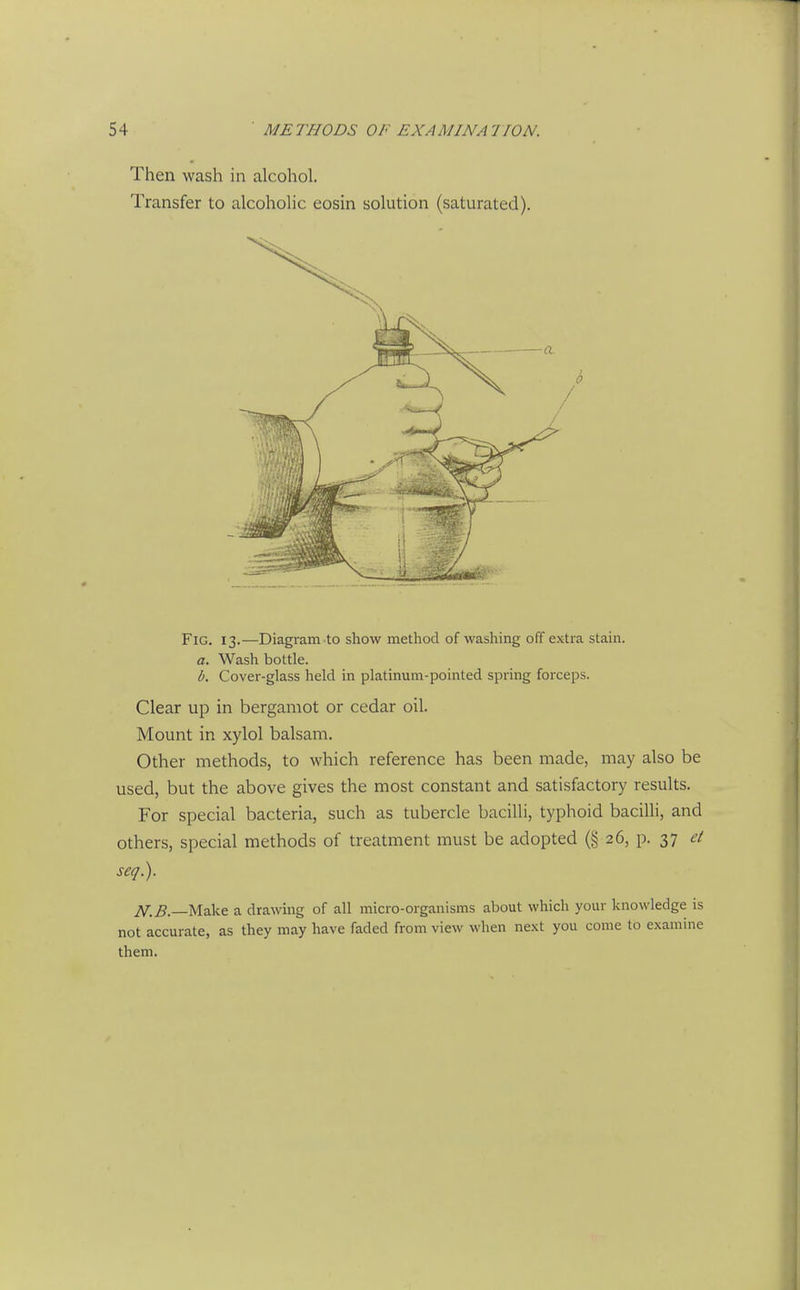 Then wash in alcohol. Transfer to alcoholic eosin solution (saturated). Fig. 13.—Diagram to show method of washing off extra stain. a. Wash bottle. b. Cover-glass held in platinum-pointed spring forceps. Clear up in bergamot or cedar oil. Mount in xylol balsam. Other methods, to which reference has been made, may also be used, but the above gives the most constant and satisfactory results. For special bacteria, such as tubercle bacilli, typhoid baciUi, and others, special methods of treatment must be adopted (§ 26, p. n et seq). Make a drawing of all micro-organisms about which your knowledge is not accurate, as they may have faded from view when next you come to examine them.