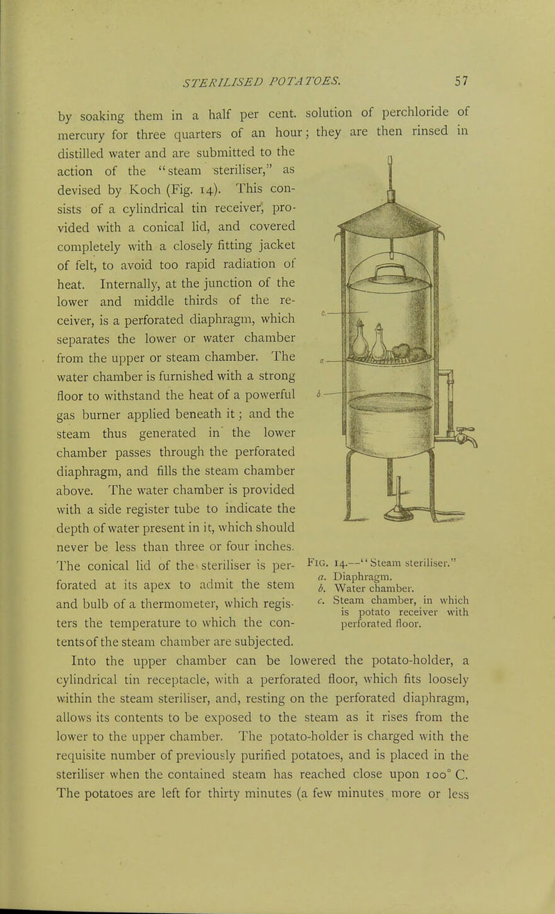 by soaking them in a half per cent, solution of perchloride of mercury for three quarters of an hour; they are then rinsed in distilled water and are submitted to the action of the steam steriliser, as devised by . Koch (Fig. 14). This con- sists of a cylindrical tin receiver, pro- vided with a conical lid, and covered completely with a closely fitting jacket of felt, to avoid too rapid radiation of heat. Internally, at the junction of the lower and middle thirds of the re- ceiver, is a perforated diaphragm, which separates the lower or water chamber from the upper or steam chamber. The water chamber is furnished with a strong floor to withstand the heat of a powerful gas burner applied beneath it; and the steam thus generated in' the lower chamber passes through the perforated diaphragm, and fills the steam chamber above. The water chamber is provided with a side register tube to indicate the depth of water present in it, which should never be less than three or four inches. The conical lid of the steriliser is per- forated at its apex to admit the stem and bulb of a thermometer, which regis- ters the temperature to which the con- tentsof the steam chamber are subjected. Into the upper chamber can be lowered the potato-holder, a cylindrical tin receptacle, with a perforated floor, which fits loosely within the steam steriliser, and, resting on the perforated diaphragm, allows its contents to be exposed to the steam as it rises from the lower to the upper chamber. The potato-holder is charged with the requisite number of previously purified potatoes, and is placed in the sterihser when the contained steam has reached close upon 100° C. The potatoes are left for thirty minutes (a few minutes more or less Fig. 14.— Steam steriliser. a. Diaphragm. b. Water chamber. c. Steam chamber, in which is potato receiver with perforated floor.