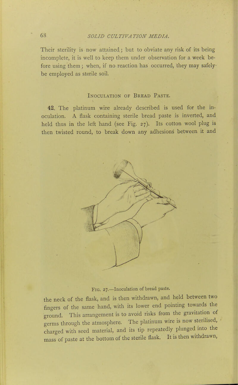 Their sterility is now attained.; but to obviate any risk of its being incomplete, it is well to keep them under observation for a week be- fore using them; when, if no reaction has occurred, they may safely- be employed as sterile soil. Inoculation of Bread Paste. 42. The platinum wire already described is used for the in- oculation. A. flask containing sterile bread paste is inverted, and held thus in the left hand (see Fig. 27). Its cotton wool plug is then twisted round, to break down any adhesions between it and Fig. 27.—Inoculation of bread paste, the neck of the flask, and is then withdrawn, and held between two fingers of the same hand, with its lower end pointing towards the ground. This arrangement is to avoid risks from the gravitation of germs through the atmosphere. The platinum wire is now sterilised, charged with seed material, and its tip repeatedly plunged into the mass of paste at the bottom of the sterile flask. It is then withdrawn,