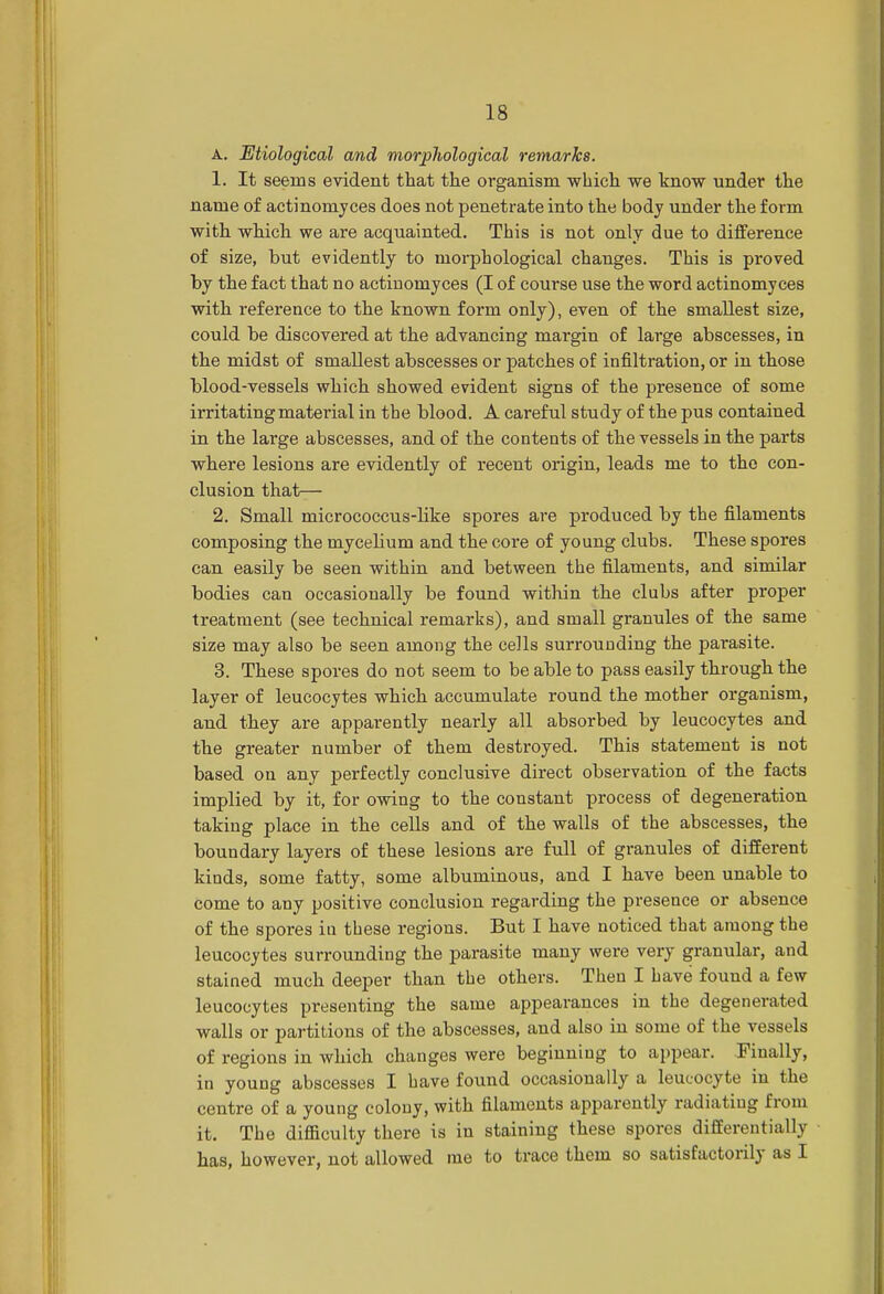 A. Etiological and morphological remarks. 1. It seems evident that the organism which we know under the name of actinomjces does not penetrate into the body under the form with which we are acquainted. This is not only due to difference of size, but evidently to morphological changes. This is proved by the fact that no actinoniyces (I of course use the word actinomyces with reference to the known form only), even of the smallest size, could be discovered at the advancing margin of large abscesses, in the midst of smallest abscesses or patches of infiltration, or in those blood-vessels which showed evident signs of the presence of some irritating material in the blood. A careful study of the pus contained in the large abscesses, and of the contents of the vessels in the parts where lesions are evidently of recent origin, leads me to the con- clusion that— 2. Small micrococcus-Hke spores are produced by the filaments composing the mycelium and the core of young clubs. These spores can easily be seen within and between the filaments, and similar bodies can occasionally be found within the clubs after proper treatment (see technical remarks), and small granules of the same size may also be seen among the cells surrounding the parasite. 3. These spores do not seem to be able to pass easily through the layer of leucocytes which accumulate round the mother organism, and they are apparently nearly all absorbed by leucocytes and the greater number of them destroyed. This statement is not based on any perfectly conclusive direct observation of the facts implied by it, for owing to the constant process of degeneration taking place in the cells and of the walls of the abscesses, the boundary layers of these lesions are full of granules of different kinds, some fatty, some albuminous, and I have been unable to come to any positive conclusion regarding the presence or absence of the spores in these regions. But I have noticed that among the leucocytes surrounding the parasite many were very granular, and stained much deeper than the others. Then I have found a few leucocytes presenting the same appearances in the degenerated walls or partitions of the abscesses, and also in some of the vessels of regions in which changes were beginning to appear. Finally, in young abscesses I have found occasionally a leucocyte in the centre of a young colony, with filaments apparently radiating from it. The difficulty there is in staining these spores differentially has, however, not allowed me to trace them so satisfactorily as I