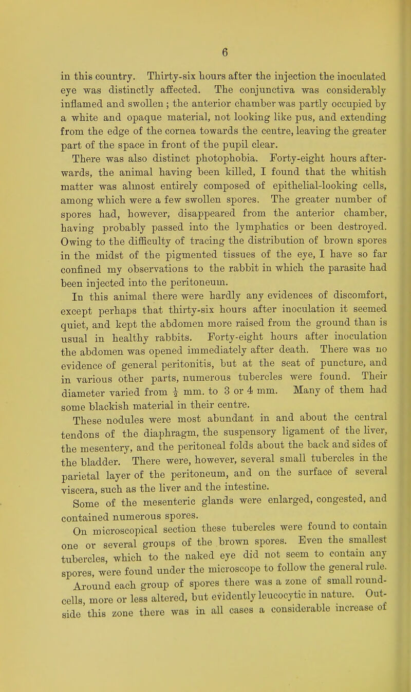 in this country. Thirty-six hours after the injection the inoculated eye was distinctly affected. The conjunctiva was considerably inflamed and swollen ; the anterior chamber was partly occupied by a white and opaque material, not looking like pus, and extending from the edge of the cornea towards the centre, leaving the greater part of the space in front of the pupil clear. There was also distinct photophobia. Forty-eight hours after- wards, the animal having been killed, I found that the whitish matter was almost entirely composed of epithelial-looking cells, among which were a few swollen spores. The greater number of spores had, however, disappeared from the anterior chamber, having probably passed into the lymphatics or been destroyed. Owing to the difficulty of tracing the distribution of brown spores in the midst of the pigmented tissues of the eye, I have so far confined my observations to the rabbit in which the parasite had been injected into the peritoneum. In this animal there were hardly any evidences of discomfort, except perhaps that thirty-six hours after inoculation it seemed quiet, and kept the abdomen more raised from the ground than is usual in healthy rabbits. Forty-eight hours after inoculation the abdomen was opened immediately after death. There was no evidence of general peritonitis, but at the seat of puncture, and in various other parts, numerous tubercles were found. Their diameter varied from i mm. to 3 or 4 mm. Many of them had some blackish material in their centre. These nodules were most abundant in and about the central tendons of the diaphragm, the suspensory ligament of the liver, the mesentery, and the peritoneal folds about the back and sides of the bladder. There were, however, several small tubercles in the parietal layer of the peritoneum, and on the surface of several viscera, such as the liver and the intestine. Some of the mesenteric glands were enlarged, congested, and contained numerous spores. On microscopical section these tubercles were found to contain one or several groups of the brown spores. Even the smallest tubercles, which to the naked eye did not seem to contain any spores, were found under the microscope to follow the general rule. Around each group of spores there was a zone of small round- cells more or less altered, but evidently leucocytic in nature. Out- side'this zone there was in all cases a considerable increase of