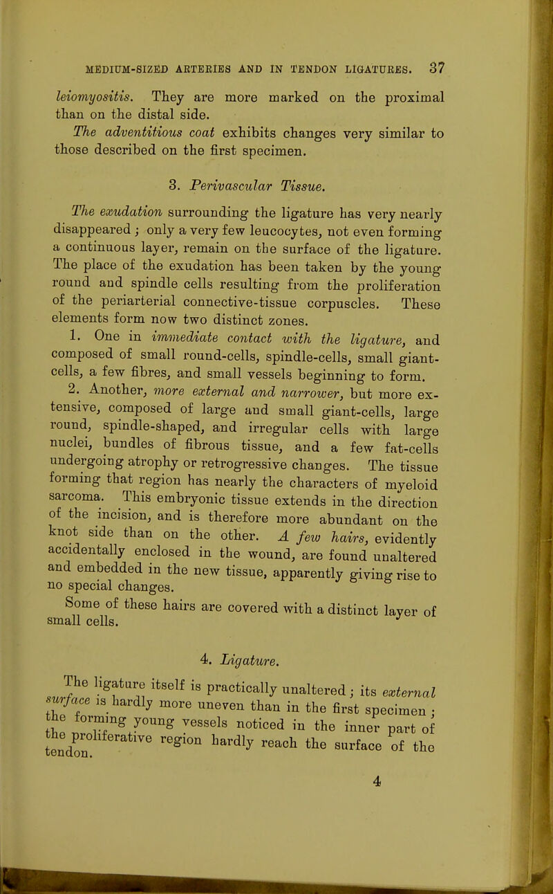 leiomyositis. They are more marked on the proximal than on the distal side. The adventitious coat exhibits changes very similar to those described on the first specimen. 3. Perivascular Tissue. The exudation surrounding the ligature has very nearly disappeared ; only a very few leucocytes, not even forming a continuous layer, remain on the surface of the ligature. The place of the exudation has been taken by the young round and spindle cells resulting from the proliferation of the periarterial connective-tissue corpuscles. These elements form now two distinct zones. 1. One in immediate contact with the ligature, and composed of small round-cells, spindle-cells, small giant- cells, a few fibres, and small vessels beginning to form. 2. Another, more external and narrower, but more ex- tensive, composed of large and small giant-cells, large round, spindle-shaped, and irregular cells with large nuclei, bundles of fibrous tissue, and a few fat-cells undergoing atrophy or retrogressive changes. The tissue forming that region has nearly the characters of myeloid sarcoma. This embryonic tissue extends in the direction of the incision, and is therefore more abundant on the knot side than on the other. A few hairs, evidently accidentally enclosed in the wound, are found unaltered and embedded in the new tissue, apparently giving rise to no special changes. Some of these hairs are covered with a distinct layer of small cells. 4. Ligature. The ligature itself is practically unaltered; its external surface ,a hardly more uneven than in the first specimen • he forming young vessels noticed in the inner part of tendof r6gi°n Lardly rea0h the 8Urface of *o 4