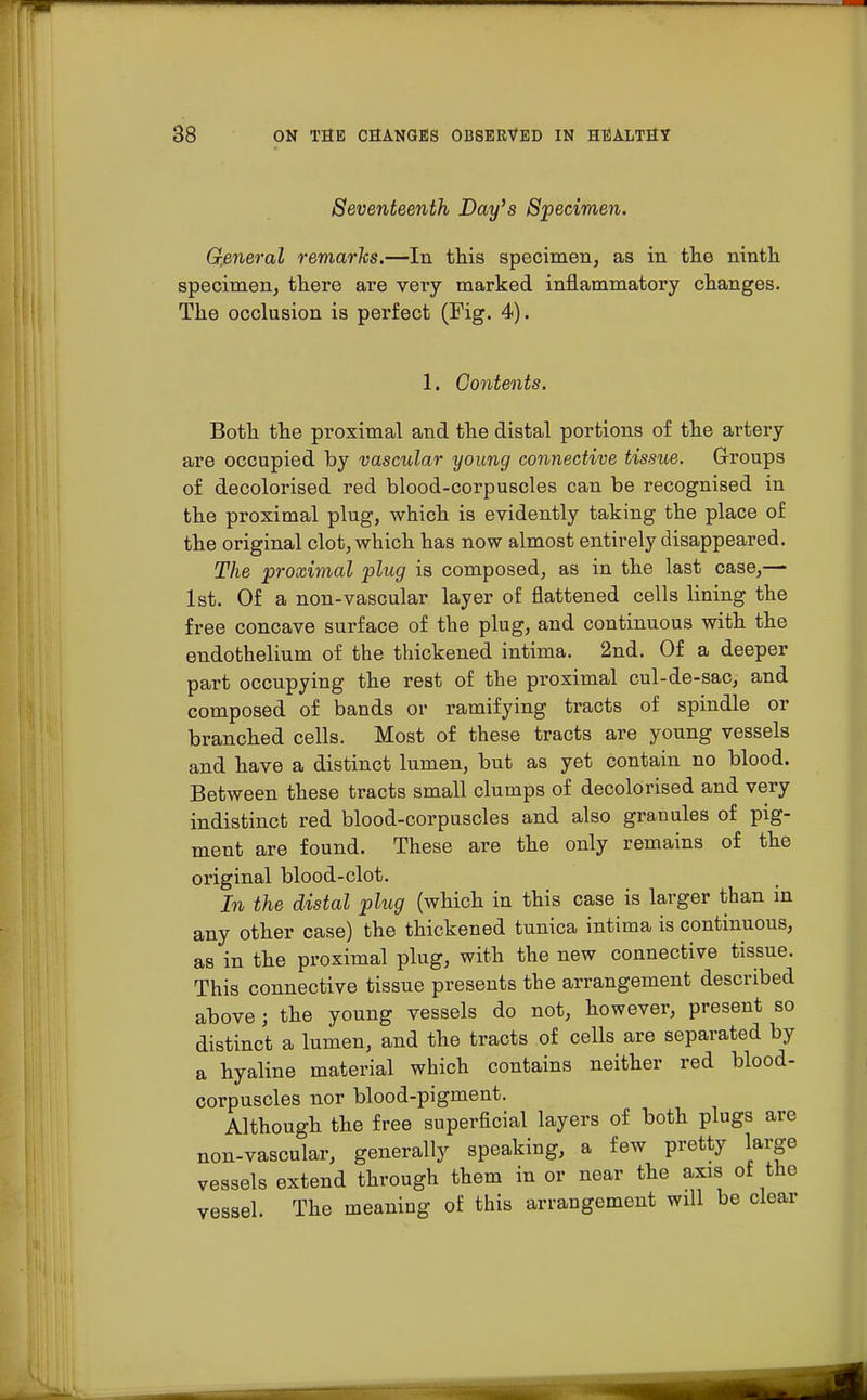 Seventeenth Day's Specimen. General remarks.—In this specimen, as in the ninth specimen, there are very marked inflammatory changes. The occlusion is perfect (Fig. 4). 1. Contents. Both the proximal and the distal portions of the artery are occupied by vascular young connective tissue. Groups of decolorised red blood-corpuscles can be recognised in the proximal plug, which is evidently taking the place of the original clot, which has now almost entirely disappeared. The proximal plug is composed, as in the last case,— 1st. Of a non-vascular layer of flattened cells lining the free concave surface of the plug, and continuous with the endothelium of the thickened intima. 2nd. Of a deeper part occupying the rest of the proximal cul-de-sac, and composed of bands or ramifying tracts of spindle or branched cells. Most of these tracts are young vessels and have a distinct lumen, bnt as yet contain no blood. Between these tracts small clumps of decolorised and very indistinct red blood-corpuscles and also granules of pig- ment are found. These are the only remains of the original blood-clot. In the distal plug (which in this case is larger than in any other case) the thickened tunica intima is continuous, as in the proximal plug, with the new connective tissue. This connective tissue presents the arrangement described above; the young vessels do not, however, present so distinct a lumen, and the tracts of cells are separated by a hyaline material which contains neither red blood- corpuscles nor blood-pigment. Although the free superficial layers of both plugs are non-vascular, generally speaking, a few pretty large vessels extend through them in or near the axis of the vessel. The meaning of this arrangement will be clear