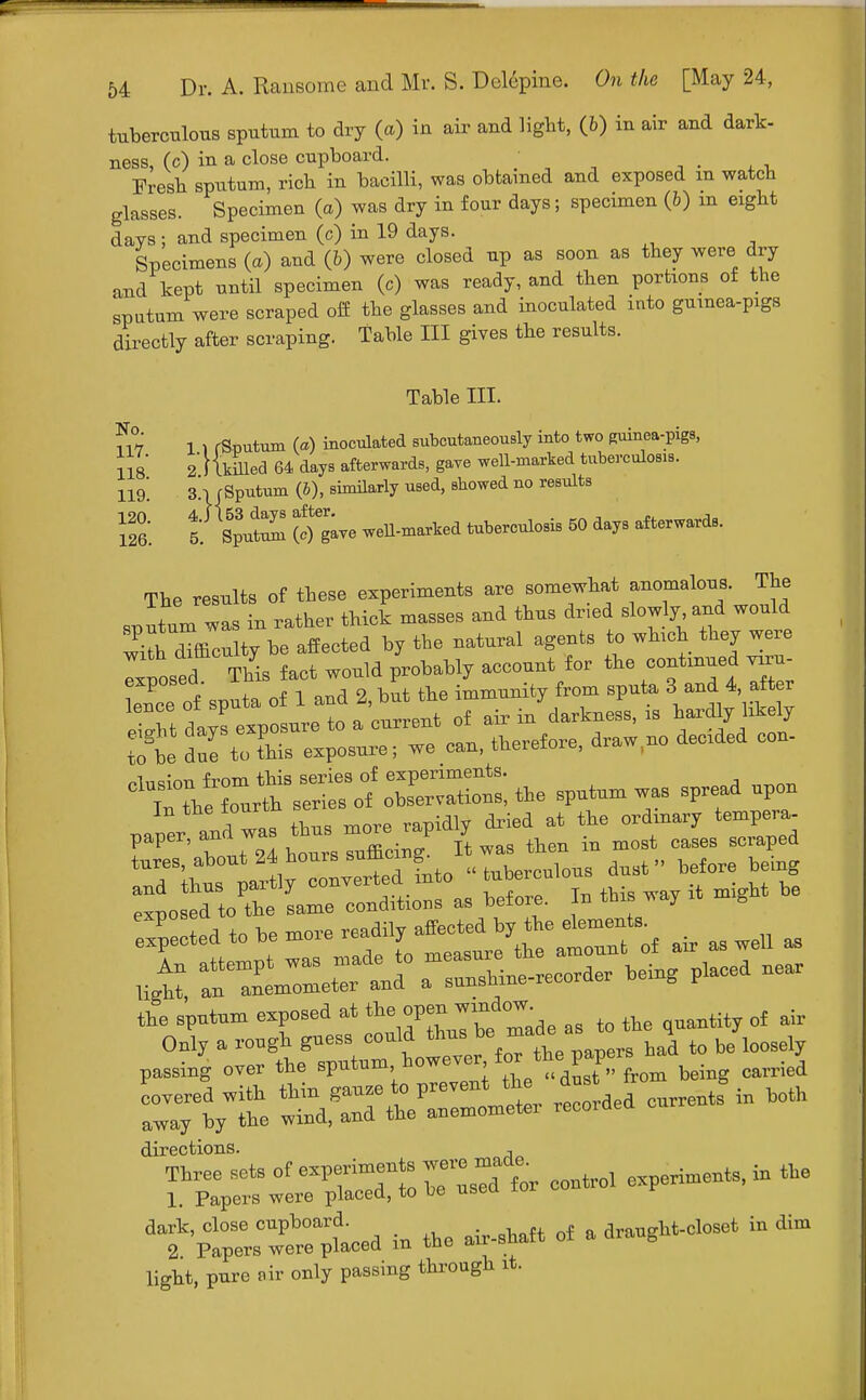 tuberculous sputum to dry (a) in air and light, (6) in air and dark- ness, (c) in a close cupboard. ■ Fresh sputum, rich in bacilli, was obtained and exposed m watch glasses. Specimen (a) was dry in four days; specimen (6) in eight days: and specimen (c) in 19 days. Specimens (a) and (6) were closed up as soon as they were dry and kept until specimen (c) was ready, and then portions of the sputum were scraped off the glasses and inoculated into guinea-pigs directly after scraping. Table III gives the results. Table III. 117 11 fSputum (a) inoculated spontaneously into two guinea-pigs, 118 2 f {killed 64 days afterwards, gave well-marked tuberculosis. 119'. ^lf Sputum (6), similarly used, showed no results m. t Sp3uS (^gave well-marked tuberculosis 50 days afterwards. The results of these experiments are somewhat anomalous. The sputumwan rather thick masses and thus dried slowly and would 2£h difficulty be affected by the natural agents to which they were Ixtosed This fact would probably account for the continued viru- SSTrfVta of 1 and 2, but the immunity from sputa 3 ^ 4 af er ZZ daS exposure to a current of air in darkness, is hardly likely eight days expu»u +l1prefore draw no decided con- to be due to this exposure; we can, taereiore, ura-w, r.lnsirm from this series of experiments. TtheZvth series of observations, the sputum was spread upon In the lourt ^ ^ Qrd tempera- paper, and was thus, rnw™*> / ^ most cases scraped tures, about 24 hours sufficing , ^ dust » before being ^^jnssr-• * m * * ^Ud to be -uore ^^a a, - we„ - fl,. sputum exposed at fc ^*^ t0 ^ quantity of alr directions. , Three sets of experi-e*«eriments> the 1. Papers were placed, to be useo. iui dark, close cupboard. draught-closet in dim 2 Papers were placed m the air-shaft 01 ara g light, pure air only passing through it.