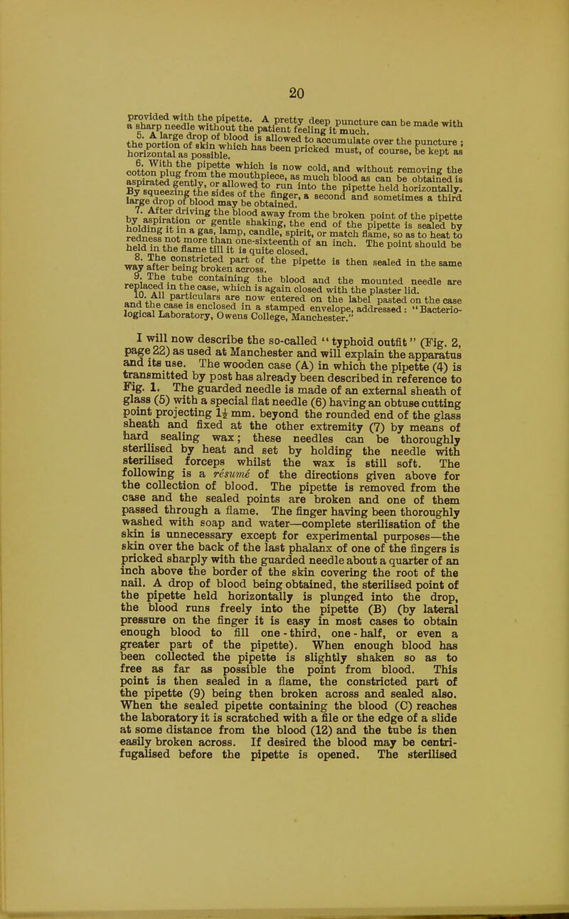 essr-ffi .s^s^^rMn be -*with coL^u^ern^Pfeh^WhiCv,h-is now coW. and without removing the Ssotetld«iHv ^^tS^)U^l?,eoe• a8.mu<*bloodas can be obtained is BvMutLfn^t?;ri^„,f%t0<,^n,l int0 the P^ette held horizontally. &^f^^^SS!^ Becond and 80me«mes a thir'd bv a^imt^nlfr8^!5100^ t^ay ftru0m the broken P°int of *»» Pipette holdW ft in , cr»0gTtl6 Bhaki?g- tfae end of the pipette is sealed by rednp J ^™J»\'h&mV' Ca^d}6' SDirit' or match flame- so as to heat to ^^SSS^^^S1 an inch- ********b° wayafte^^TbttnCrosl ^ ^ ta ^ ~tod «» the ™ ,3J£?-tu*-ue contail}ipg the blood and the mounted needle are replaced in the case, which is again closed with the plaster lid. on^ViT particulars are now entered on the label pasted on the case wdtieTcase 18 enclosed in a stamped envelope, addressed : Bacterio- logical Laboratory, Owens College, Manchester'. I will now describe the so-called  typhoid outfit (Fig. 2, page 22) as used at Manchester and will explain the apparatus and its use. The wooden case (A) in which the pipette (4) is transmitted by post has already been described in reference to Fig. 1. The guarded needle is made of an external sheath of glass (5) with a special flat needle (6) having an obtuse cutting point projecting 1£ mm. beyond the rounded end of the glass sheath and fixed at the other extremity (7) by means of hard sealing wax; these needles can be thoroughly sterilised by heat and set by holding the needle with sterilised forceps whilst the wax is still soft. The following is a resume of the directions given above for the collection of blood. The pipette is removed from the case and the sealed points are broken and one of them passed through a flame. The finger having been thoroughly washed with soap and water—complete sterilisation of the skin is unnecessary except for experimental purposes—the skin over the back of the last phalanx of one of the fingers is pricked sharply with the guarded needle about a quarter of an inch above the border of the skin covering the root of the nail. A drop of blood being obtained, the sterilised point of the pipette held horizontally is plunged into the drop, the blood runs freely into the pipette (B) (by lateral pressure on the finger it is easy in most cases to obtain enough blood to fill one-third, one-half, or even a greater part of the pipette). When enough blood has been collected the pipette is slightly shaken so as to free as far as possible the point from blood. This point is then sealed in a flame, the constricted part of the pipette (9) being then broken across and sealed also. When the sealed pipette containing the blood (C) reaches the laboratory it is scratched with a file or the edge of a slide at some distance from the blood (12) and the tube is then easily broken across. If desired the blood may be centri- fugalised before the pipette is opened. The sterilised