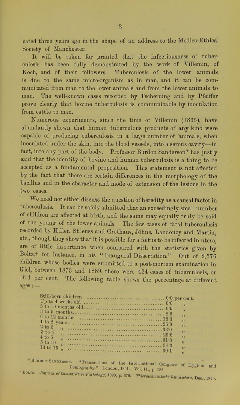 cated three years ago in the shape of an address to the Medico-Ethical Society of Manchester. It will be taken for granted that the infectiousness of tuber- culosis has been fully demonstrated by the work of Villemin, of Koch, and of their followers. Tuberculosis of the lower animals is due to the same micro-organism as in man, and it can be com- municated from man to the lower animals and from the lower animals to man. The well-known cases recorded by Tscherning and by Pfeiflfer prove clearly that bovine tuberculosis is communicable by inoculation from cattle to man. Numerous experiments, since the time of Villemin (1865), have abundantly shown that human tuberculous products of any kind were capable of producing tuberculosis in a large number of animals, when inoculated under the skin, into the blood vessels, into a serous cavity—in fact, into any part of the body. Professor Burdon Sanderson* has justly said that the identity of bovine and human tuberculosis is a thing to be accepted as a fundamental proposition. This statement is not aflfected by the fact that there are certain differences in the morphology of the bacillus and in the character and mode of extension of the lesions in the two cases. We need not either discuss the question of heredity as a causal factor in tuberculosis. It can be safely admitted that an exceedingly small number of children are aflfected at birth, and the same may equally truly be said of the young of the lower animals. The few cases of fatal tuberculosis recorded by Hiller, Shleuss and Grothaus, Johne, Landouzy and Martin, etc., though they show that it is possible for a foetus to be infected in utero, are of little importance when compared with the statistics given by Boltz,t for instance, in his  Inaugural Dissertation. Out of 2,576 children whose bodies were submitted to a post-mortem examination in Kiel, between 1873 and 1889, there were 424 cases of tuberculosis, or 16-4 per cent. The following table shows the percentage at different ages:— Still-born children q-q pgr cent. Up to 4 weeks old O'O 5 to 10 months old 0'9 3 to 5 months 86 6 to 12 months 18'3 11 y^^rs ;;;;;;;;;26-8 I,*;/  29-6 5 to 10 , ::::::::::::::;:::::..:::::;:-::::::::;3oi *BUBBOKS.KOKBSON^ - Transactio,. of the nUernatioual Congress of Hygien'o and Domography. Loudon, 1891. Vol. II., p 185 t Journal ofCon^iin Patkolooy, 1890, p. 370. r/.-«.,„ec^idni.c;.e Au..,o/»„, Dec, 1890.