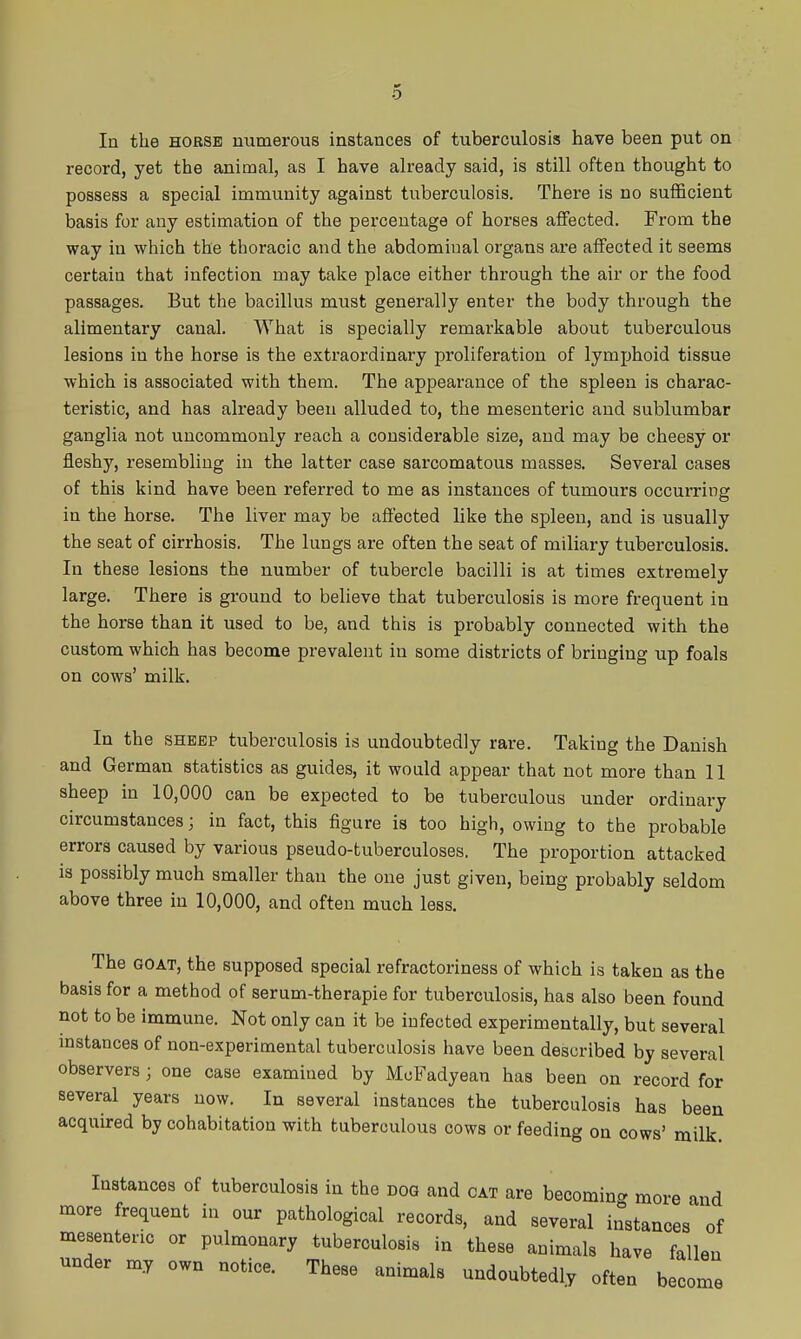 In the HORSE numerous instances of tuberculosis have been put on record, yet the animal, as I have already said, is still often thought to ■ possess a special immunity against tuberculosis. There is no sufficient basis for any estimation of the percentage of horses affected. From the way in which the thoracic and the abdominal organs are affected it seems j certain that infection may take place either through the air or the food '< passages. But the bacillus must generally enter the body through the | alimentary canal. What is specially remarkable about tuberculous | lesions in the horse is the extraordinary proliferation of lymphoid tissue which is associated with them. The appearance of the spleen is charac- teristic, and has already been alluded to, the mesenteric and sublumbar j ganglia not uncommonly reach a considerable size, and may be cheesy or ' fleshy, resembling in the latter case sarcomatous masses. Several cases of this kind have been referred to me as instances of tumours occurring in the horse. The liver may be aflt'ected like the spleen, and is usually the seat of cirrhosis. The lungs are often the seat of miliary tuberculosis. In these lesions the number of tubercle bacilli is at times extremely J large. There is ground to believe that tuberculosis is more frequent in the horse than it used to be, and this is probably connected with the , custom which has become prevalent in some districts of bringing up foals on cows' milk. In the SHEEP tuberculosis is undoubtedly rare. Taking the Danish and German statistics as guides, it wonld appear that not more than 11 sheep in 10,000 can be expected to be tuberculous under ordinary circumstances; in fact, this figure is too high, owing to the probable errors caused by various pseudo-tuberculoses. The proportion attacked is possibly much smaller than the one just given, being probably seldom above three in 10,000, and often much less. The GOAT, the supposed special refractoriness of which is taken as the basis for a method of serum-therapie for tuberculosis, has also been found not to be immune. Not only can it be infected experimentally, but several instances of non-experimental tuberculosis have been described by several observers; one case examined by MoFadyean has been on record for several years now. In several instances the tuberculosis has been acquired by cohabitation with tuberculous cows or feeding on cows' milk. Instances of tuberculosis in the Doa and oat are becoming more and more frequent in our pathological records, and several instances of mesenteric or pulmonary tuberculosis in these animals have fallen under my own notice. These animals undoubtedly often become