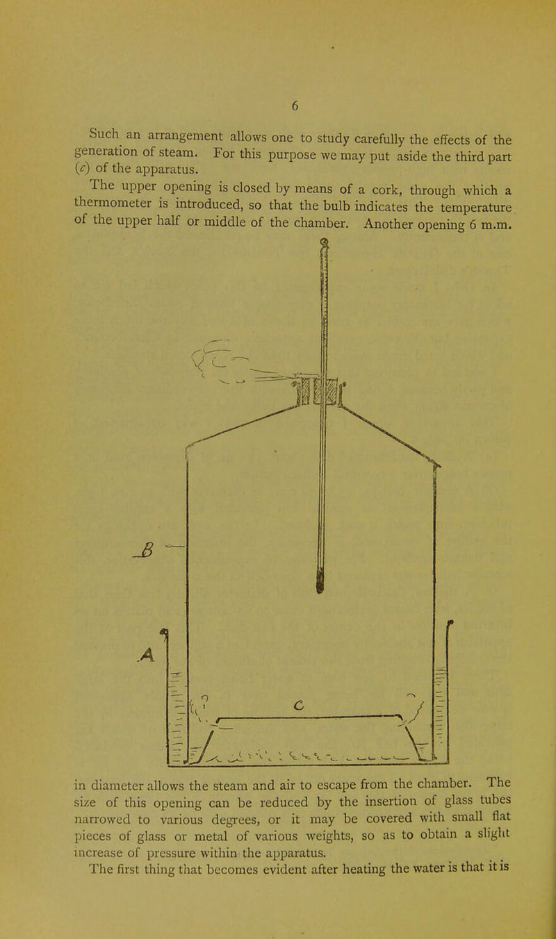 Such an arrangement allows one to study carefully the efTects of the generation of steam. For this purpose we may put aside the third part {£■) of the apparatus. The upper opening is closed by means of a cork, through which a thermometer is introduced, so that the bulb indicates the temperature of the upper half or middle of the chamber. Another opening 6 m.m. in diameter allows the steam and air to escape from the chamber. The size of this opening can be reduced by the insertion of glass tubes narrowed to various degrees, or it may be covered with small flat pieces of glass or metal of various weights, so as to obtain a slight increase of pressure within the apparatus. The first thing that becomes evident after heating the water is that it is