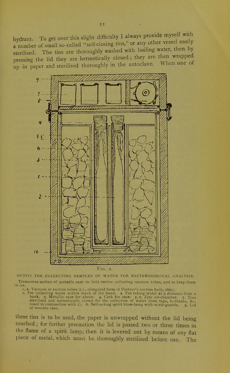 hydrant. To gel over this slight difficulty I always provide myself with a number of sill so-called self-closing tins, or any other vessel easily sterilised. The tins are thoroughly washed with boiling water, then by pressing the lid they are hermetically closed; they are then wrapped up in paper and sterilised thoroughly in the autoclave. When one of Fig. 2. outfit for collecting samples of water for bacteriological analysis. Transverse section of portable case to hold twelve collecting vacuum tubes, and to keep them in ice. i, 2. Vacuum or suction tubes (i.e., elongated form of Pasteur's suction bulb, i860). 1. For collecting water within reach of the hand. 3. For taking water at a distance from a bank. 3. Metallic case for above. 4. Cork for case. J, b. Zinc ice-chamber. 7. Tins sterilised and hermetically closed for the collection of water from taps, hydrants, &c. (used in conjunction with i). 8. Self-acting spirit blow-lamp with wind-guards. 9. Lid of wooden case. these tins is to be used, the paper is unwrapped without the lid being touched; for further precaution the lid is passed two or three times in the flame of a spirit lamp, then it is levered out by means of any flat piece of metal, which must be thoroughly sterilised before use. The