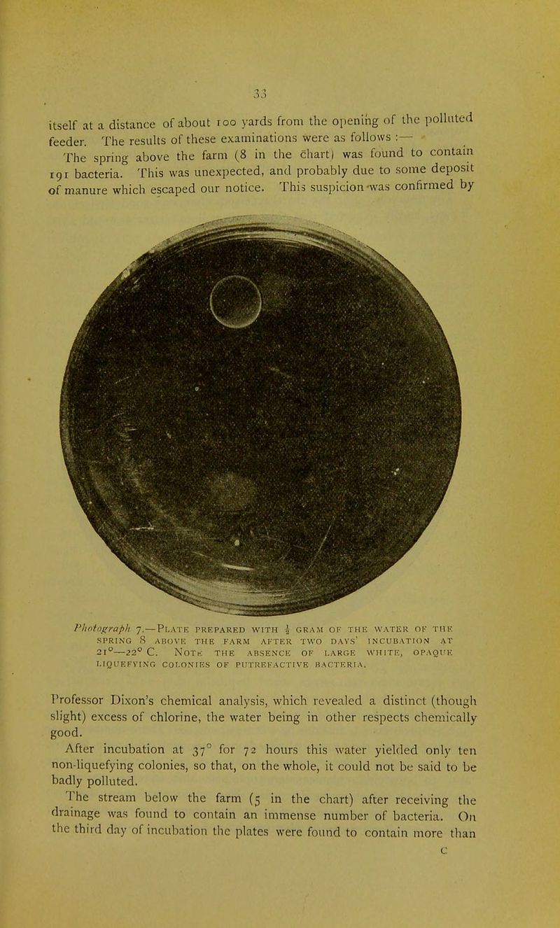 itself at a distance of about roo yards from the opening of the polluted feeder. The results of these examinations were as follows :— The spring above the farm (8 in the chart) was found to contain 191 bacteria. This was unexpected, and probably due to some deposit of manure which escaped our notice. This suspicion-was confirmed by Photograph 7.— Plate prepared with \ gram of the water ok the SPRING <S ABOVE THE FARM AFTER TWO DAYS1 INCUBATION AT 210—22° C. Note the absence of large white, opaque LIQUEFYING COLONIES OF PUTREFACTIVE BACTERIA. Professor Dixon's chemical analysis, which revealed a distinct (though slight) excess of chlorine, the water being in other respects chemically good. After incubation at 370 for 72 hours this water yielded only ten non-liquefying colonies, so that, on the whole, it could not be said to be badly polluted. The stream below the farm (5 in the chart) after receiving the drainage was found to contain an immense number of bacteria. On the third day of incubation the plates were found to contain more than c