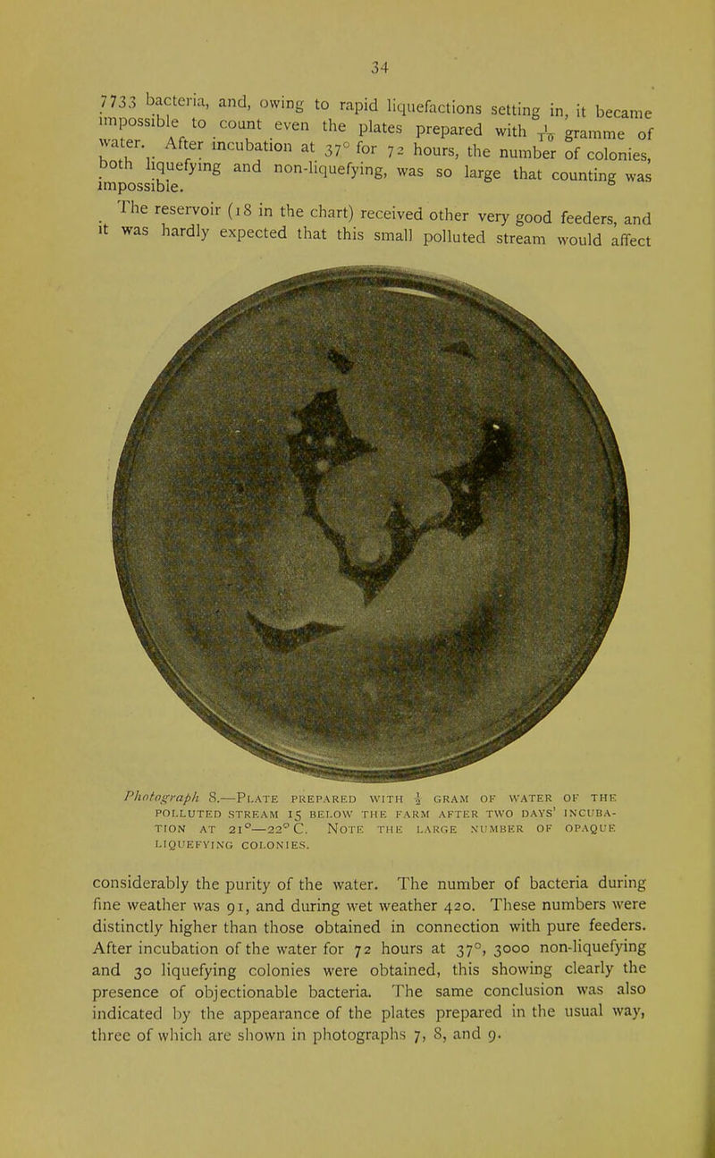 7733 bacteria, and, owing to rapid liquefactions setting in, it became impossible to count even the plates prepared with & gramme of water After incubation at 37° for 72 hours, the number of colonies, both liquefying and non-liquefying, was so large that counting was impossible. ° The reservoir (,8 in the chart) received other very good feeders, and it was hardly expected that this small polluted stream would affect Photograph S.—Plate prepared with \ gram of water ok the POLLUTED STREAM 15 BELOW THE FARM AFTER TWO DAYS' INCUBA- TION AT 21°—22° C. NOTE THE LARGE NUMBER OF OPAQUE LIQUEFYING COLONIES. considerably the purity of the water. The number of bacteria during fine weather was 91, and during wet weather 420. These numbers were distinctly higher than those obtained in connection with pure feeders. After incubation of the water for 72 hours at 370, 3000 non-liquefying and 30 liquefying colonies were obtained, this showing clearly the presence of objectionable bacteria. The same conclusion was also indicated by the appearance of the plates prepared in the usual way, three of which are shown in photographs 7, 8, and 9.