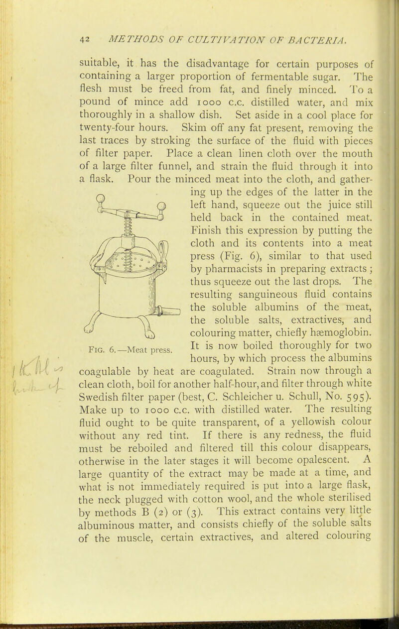4- suitable, it has the disadvantage for certain purposes of containing a larger proportion of fermentable sugar. The flesh must be freed from fat, and finely minced. To a pound of mince add iooo c.c. distilled water, and mix thoroughly in a shallow dish. Set aside in a cool place for twenty-four hours. Skim off any fat present, removing the last traces by stroking the surface of the fluid with pieces of filter paper. Place a clean linen cloth over the mouth of a large filter funnel, and strain the fluid through it into a flask. Pour the minced meat into the cloth, and gather- ing up the edges of the latter in the left hand, squeeze out the juice still held back in the contained meat. Finish this expression by putting the cloth and its contents into a meat press (Fig. 6), similar to that used by pharmacists in preparing extracts ; thus squeeze out the last drops. The resulting sanguineous fluid contains the soluble albumins of the meat, the soluble salts, extractives, and colouring matter, chiefly haemoglobin. It is now boiled thoroughly for two hours, by which process the albumins coagulable by heat are coagulated. Strain now through a clean cloth, boil for another half-hour, and filter through white Swedish filter paper (best, C. Schleicher u. Schull, No. 595). Make up to 1000 c.c. with distilled water. The resulting fluid ought to be quite transparent, of a yellowish colour without any red tint. If there is any redness, the fluid must be reboiled and filtered till this colour disappears, otherwise in the later stages it will become opalescent. A large quantity of the extract may be made at a time, and what is not immediately required is put into a large flask, the neck plugged with cotton wool, and the whole sterilised by methods B (2) or (3). This extract contains very little albuminous matter, and consists chiefly of the soluble salts of the muscle, certain extractives, and altered colouring Fig. 6.—Meat press.