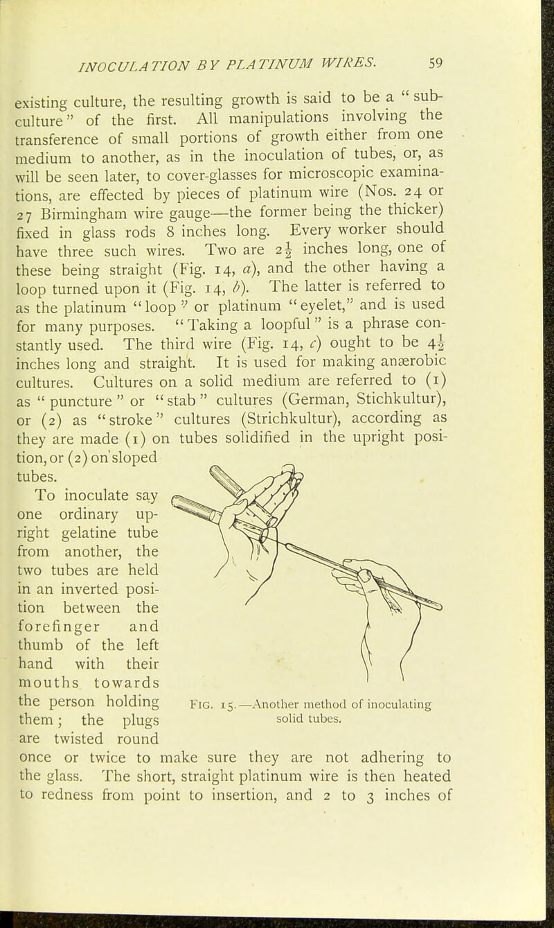 existing culture, the resulting growth is said to be a  sub- culture of the first. All manipulations involving the transference of small portions of growth either from one medium to another, as in the inoculation of tubes, or, as will be seen later, to cover-glasses for microscopic examina- tions, are effected by pieces of platinum wire (Nos. 24 or 27 Birmingham wire gauge—the former being the thicker) fixed in glass rods 8 inches long. Every worker should have three such wires. Two are 2 J inches long, one of these being straight (Fig. 14, a), and the other having a loop turned upon it (Fig. 14, b). The latter is referred to as the platinum loop '•' or platinum eyelet, and is used for many purposes.  Taking a loopful is a phrase con- stantly used. The third wire (Fig. 14, c) ought to be 4^ inches long and straight. It is used for making anaerobic cultures. Cultures on a solid medium are referred to (1) as  puncture  or stab cultures (German, Stichkultur), or (2) as stroke cultures (Strichkultur), according as they are made (1) on tubes solidified in the upright posi- tion, or (2) on'sloped tubes. To inoculate say one ordinary up- right gelatine tube from another, the two tubes are held in an inverted posi- tion between the forefinger and thumb of the left hand with their mouths towards the person holding Fig. 15.—Another method of inoculating them ; the plugs solid tubes, are twisted round once or twice to make sure they are not adhering to the glass. The short, straight platinum wire is then heated to redness from point to insertion, and 2 to 3 inches of