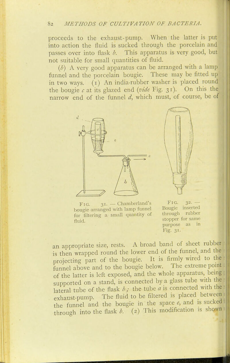 proceeds to the exhaust-pump. When the latter is put into action the fluid is sucked through the porcelain and passes over into flask b. This apparatus is very good, but not suitable for small quantities of fluid. {!>) A very good apparatus can be arranged with a lamp funnel and the porcelain bougie. These may be fitted up in two ways, (i) An india-rubber washer is placed round the bougie c at its glazed end {vide Fig. 31). On this the narrow end of the funnel d, which must, of course, be of Fig. 31. — Chamberland's bougie nrranged with lamp funnel for filtering a small quantity of fluid. Fig. 32. — Bougie inserted through rubber stopper for same purpose as in Fig. 31. an appropriate size, rests. A broad band of sheet rubber is then wrapped round the lower end of the funnel, and the projecting part of the bougie. It is firmly wired to the funnel above and to the bougie below. The extreme point of the latter is left exposed, and the whole apparatus, being supported on a stand, is connected by a glass tube with the lateral tube of the flask b; the tube a is connected with the exhaust-pump. The fluid to be filtered is placed between the funnel and the bougie in the space e, and is sucked through into the flask b. (2) This modification is shown