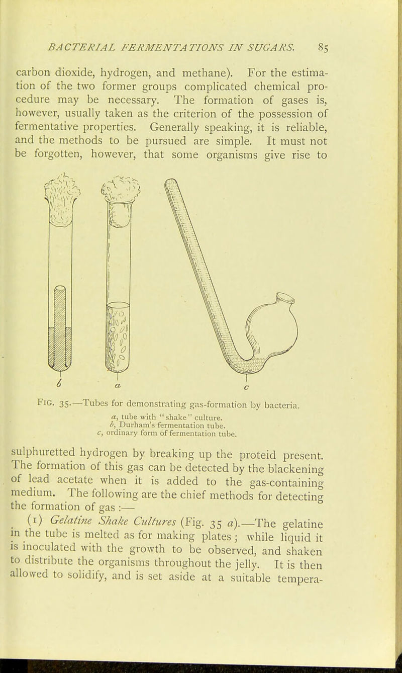 carbon dioxide, hydrogen, and methane). For the estima- tion of the two former groups complicated chemical pro- cedure may be necessary. The formation of gases is, however, usually taken as the criterion of the possession of fermentative properties. Generally speaking, it is reliable, and the methods to be pursued are simple. It must not be forgotten, however, that some organisms give rise to FlG- 35-—Tubes for demonstrating gas-formation by bacteria. «, tube with shake culture. Durham's fermentation tube. c, ordinary form of fermentation tube. sulphuretted hydrogen by breaking up the proteid present. The formation of this gas can be detected by the blackening of lead acetate when it is added to the gas-containing medium. The following are the chief methods for detecting the formation of gas :— (1) Gelatine Shake Cultures (Fig. 35 a).—The gelatine in the tube is melted as for making plates ; while liquid it is inoculated with the growth to be observed, and shaken to distribute the organisms throughout the jelly. It is then allowed to solidify, and is set aside at a suitable tempera-