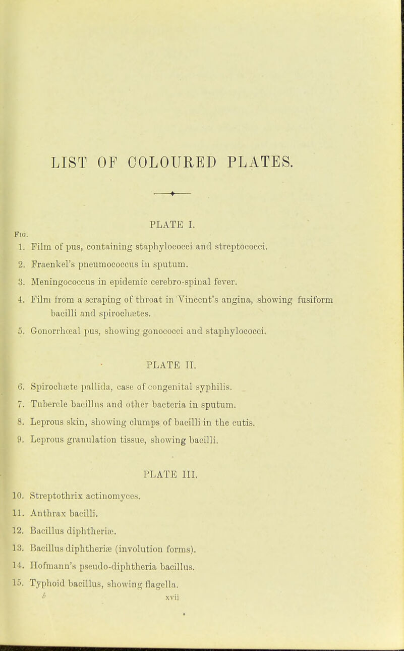 LIST OF COLOURED PLATES. 4^ PLATE I. Fig. 1. Film of pus, coutainiiig staphylococci and streptococci. 2. Fraenkel's pneuraococcus in sputum. 3. Meningococcus in epidemic eerebro-spinal fever. 4. Film from a scraping of throat in Vincent's angina, showing fusiform bacilli and sj^irochiEtes. 5. Gonorrhceal pus, showing gonococci and staphylococci. PLATE IL 6. Spirochsete pallida, case of congenital syphilis. Tubercle bacillus and other bacteria in sputum. Leprous skin, showing clumps, of bacilli in the cutis. ). Leprous granulation tissue, showing bacilli. PLATE in. 10. Streptothrix actinomyces. 11. Anthrax bacilli. 12. Bacillus diphtherioe. 13. Hacillus diphtheriaj (involution forms). 14. llofniann's pseudo-diphtheria bacillus. 15. Typhoid bacillus, showing flagella.