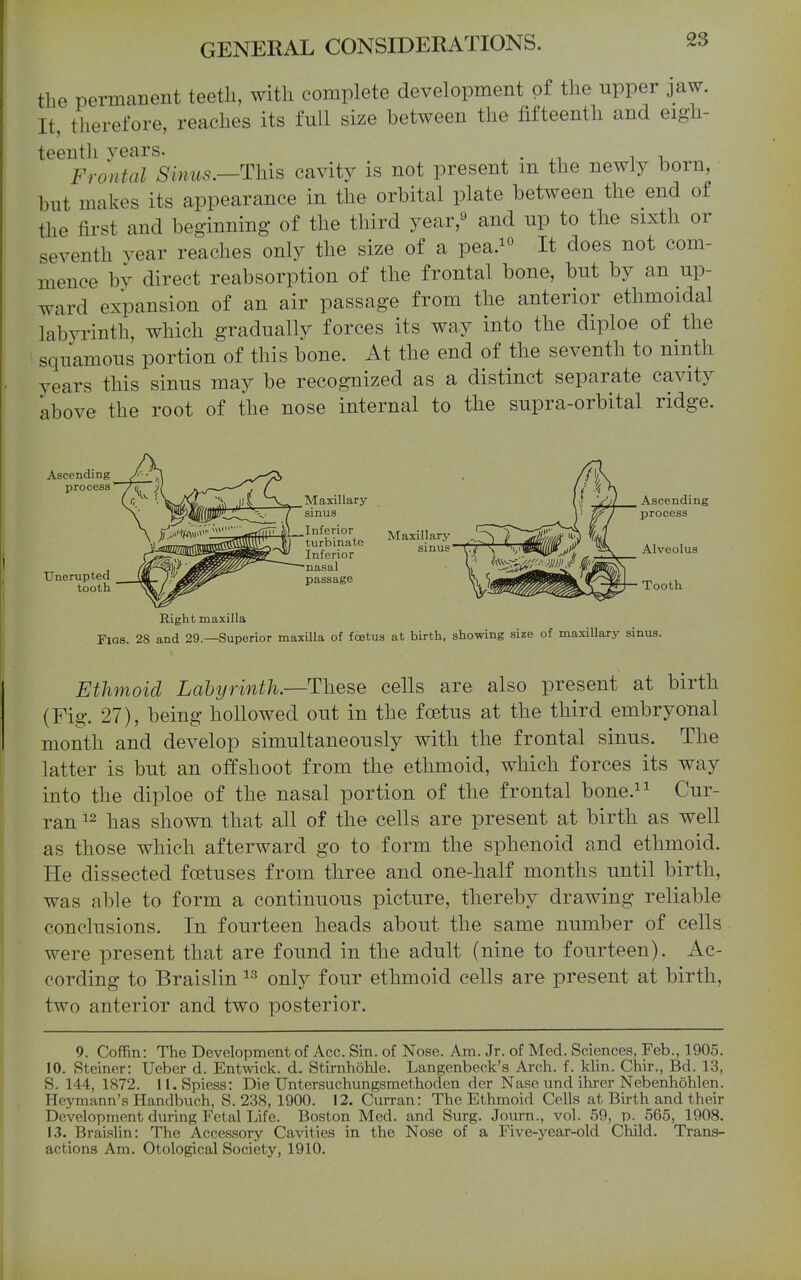 the permanent teeth, with complete development of the upper jaw. It, therefore, reaches its full size between the fifteenth and eigh- teenth years. ^ • xi i ^ Frontal ^S'imts.—This cavity is not present m the newly born, but makes its appearance in the orbital plate between the end of the first and beginning of the third year,'^ and up to the sixth or seventh year reaches only the size of a pea.^^ It does not com- mence bv direct reabsorption of the frontal bone, but by an up- ward expansion of an air passage from the anterior ethmoidal labyrinth, which gradually forces its way into the diploe of the squamous portion of this bone. At the end of the seventh to ninth years this sinus may be recognized as a distinct separate cavity above the root of the nose internal to the supra-orbital ridge. Ascending process Unerupted tooth Maxillary- sinus Inferior turbinate Inferior nasal passage Ascending process Maxillary sinus Right maxilla Figs. 28 and 29—Superior maxilla of foetus at birth, showing size of maxillary sinus. Ethmoid Labyrinth—T'hese cells are also present at birth (Fig. 27), being hollowed out in the foetus at the third embryonal month and develop simultaneously with the frontal sinus. The latter is but an offshoot from the ethmoid, which forces its way into the diploe of the nasal portion of the frontal bone.^^ Cur- ran ^2 lias shown that all of the cells are present at birth as well as those which afterward go to form the sphenoid and ethmoid. He dissected foetuses from three and one-half months until birth, was able to form a continuous picture, thereby drawing reliable conclusions. In fourteen heads about the same number of cells were present that are found in the adult (nine to fourteen). Ac- cording to Braislin only four ethmoid cells are present at birth, two anterior and two posterior. 9. Coffin: The Development of Acc. Sin. of Nose. Am. Jr. of Med. Sciences, Feb., 1905. 10. Steiner: Ueber d. Entwick. d. Stirnhohle. Langenbeck's Arch. f. khn. Chir., Bd. 13, S. 144, 1872. ll.Spiess: Die Untersuchungsmethoden der Nase und ilirer Nebenholilen. Hcymann's Handbuch, S. 238, 1900. 12. Curran: The Ethmoid Cells at Birth and their Development during Fetal Life. Boston Med. and Surg. Journ., vol. 69, p. 565, 1908. 13. Braislin: The Accessory Cavities in the Nose of a Five-year-old Child. Trans- actions Am. Otological Society, 1910.