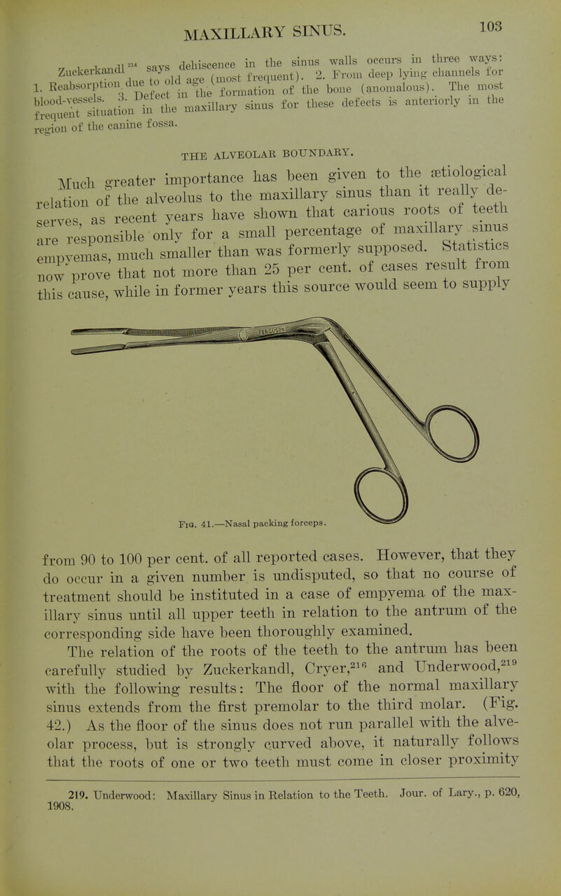 n 1 innrll- savs dehiscence in the sinus walls occurs in three ways: ZuckerkaacU /^^^ ^^^^^^ frequent). 2. From deep lymg' channels for 1. R-^bsorption^dv^e 0 Id a e U..^^ J ^^^^ ^^^^^^ (anomalous). The n.ost ^!:t^^lLt^n^te maxillary sinus for these defects is antenorly .n the reoiou of the canine fossa. THE ALVEOLAR BOUNDARY. Much sixeater importance has been given to the jetiological relation of the alveolus to the maxillary sinus than xt really de- serves as recent years have shown that canons roc s of teeth are re'sponsible only for a small percentage of maxillary ^smus empvemas, much smaller than was formerly supposed. Statistics now prove that not more than 25 per cent, of cases result from this cause, while in former years this source would seem to supply Fia. 41.—Nasal packing forceps. ^* from 90 to 100 per cent, of all reported cases. However, that they do occur in a given number is undisputed, so that no course of treatment should be instituted in a case of empyema of the max- illary sinus until all upper teeth in relation to the antrum of the corresponding side have been thoroughly examined. The relation of the roots of the teeth to the antrum has been carefully studied by Zuckerkandl, Cryer,2i« ^nd Underwood,^!'' with the following results: The floor of the normal maxillary sinus extends from the first premolar to the third molar. (Fig. 42.) As the floor of the sinus does not run parallel with the alve- olar process, but is strongly curved above, it naturally follows that the roots of one or two teeth must come in closer proximity 219. Underwood: Maxillary Sinus in Relation to the Teeth. Jour, of Lary., p. 620, 1908.
