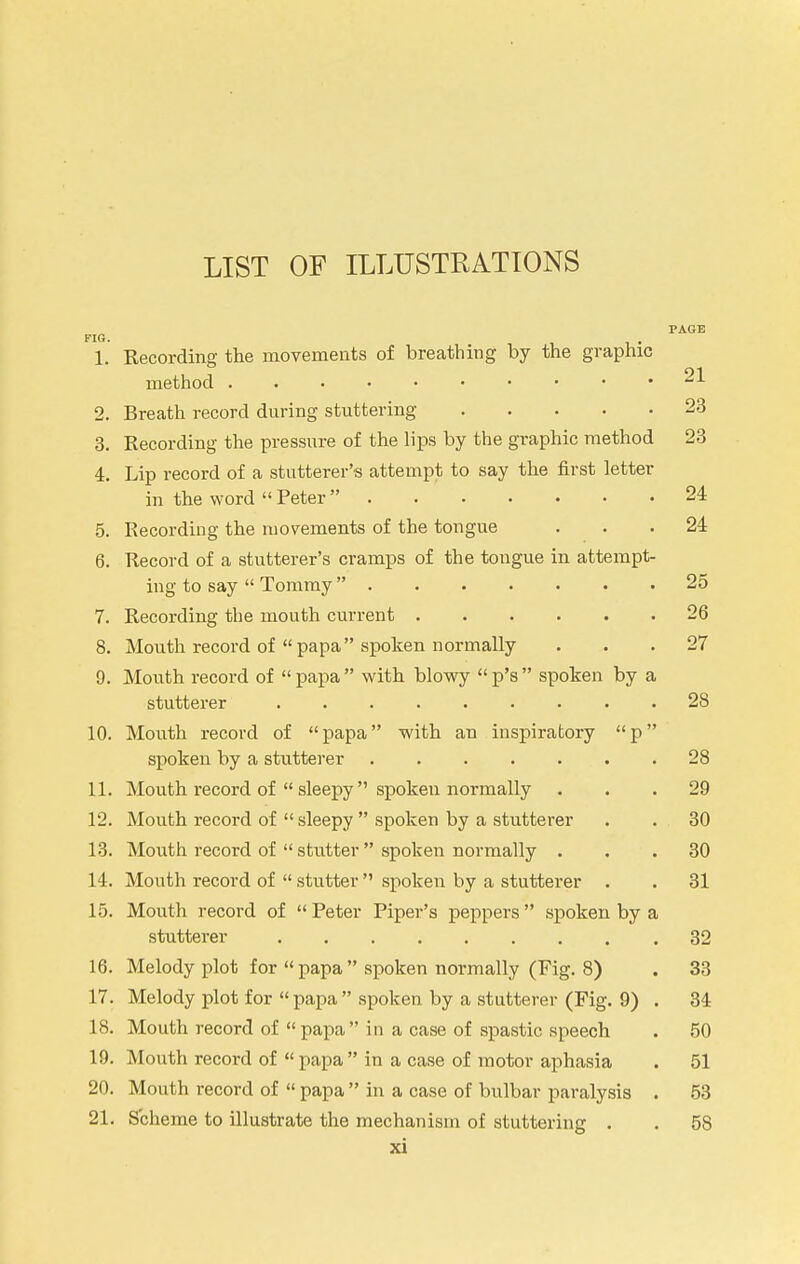 LIST OF ILLUSTRATIONS PAGE FIG. . 1. Recording the movements of breathing by the graphic method 2. Breath record during stuttering 23 3. Recording the pressure of the lips by the graphic method 23 4. Lip record of a stutterer's attempt to say the first letter in the word  Peter  24 5. Recording the movements of the tongue ... 24 6. Record of a stutterer's cramps of the tongue in attempt- ing to say  Tommy 25 7. Recording the mouth current 26 8. Mouth record of papa spoken normally ... 27 9. Month record of  papa  with blowy  p's  spoken by a stutterer 28 10. Mouth record of  papa with an inspiratory  p spoken by a stutterer 28 11. Mouth record of  sleepy  spoken normally ... 29 12. Mouth record of  sleepy  spoken by a stutterer . . 30 13. Mouth record of  stntter  spoken normally ... 30 14. Mouth record of  stutter spokeii by a stutterer . . 31 15. Mouth record of  Peter Piper's peppers  spoken by a stutterer 32 16. Melody plot for  papa  spoken normally (Fig. 8) . 33 17. Melody plot for  papa  spoken by a stutterer (Fig. 9) . 34 18. Mouth record of papa in a case of spastic speech . 50 19. Mouth record of  papa  in a case of motor aphasia . 51 20. Mouth record of  papa  in a case of bulbar paralysis . 53 21. Scheme to illustrate the mechanism of stuttering . . 58