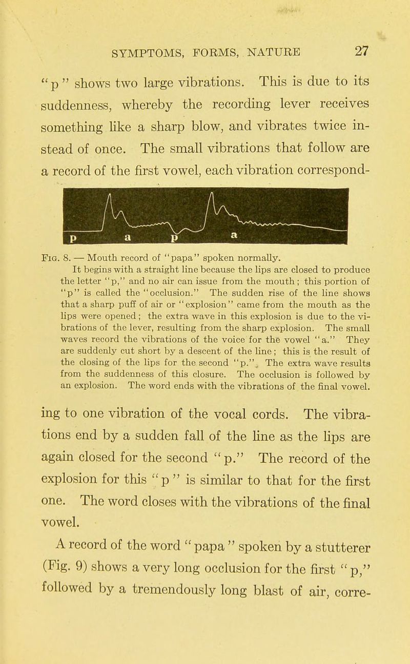 p shows two large vibrations. This is due to its suddenness, whereby the recording lever receives something like a sharp blow, and vibrates twice in- stead of once. The small vibrations that follow are a record of the first vowel, each vibration correspond- / a p a Fig. 8. — Mouth record of papa spoken normally. It begins with a straight line because the lips are closed to produce the letter p, and no air can issue from the mouth; this portion of p is called the occlusion. The sudden rise of the line shows that a sharp puff of air or explosion came from the mouth as the lips were opened; the extra wave in this explosion is due to the vi- brations of the lever, resulting from the sharp explosion. The small waves record the vibrations of the voice for the vowel a. They are suddenly cut short by a descent of the line ; this is the result of the closing of the lips for the second p.,. The extra wave results from the suddenness of this closure. The occlusion is followed by an explosion. The word ends with the vibrations of the final vowel. ing to one vibration of the vocal cords. The vibra- tions end by a sudden fall of the line as the hps are again closed for the second p. The record of the explosion for this p is similar to that for the first one. The word closes with the vibrations of the final vowel. A record of the word papa spoken by a stutterer (Fig. 9) shows a very long occlusion for the first p, followed by a tremendously long blast of air, corre-