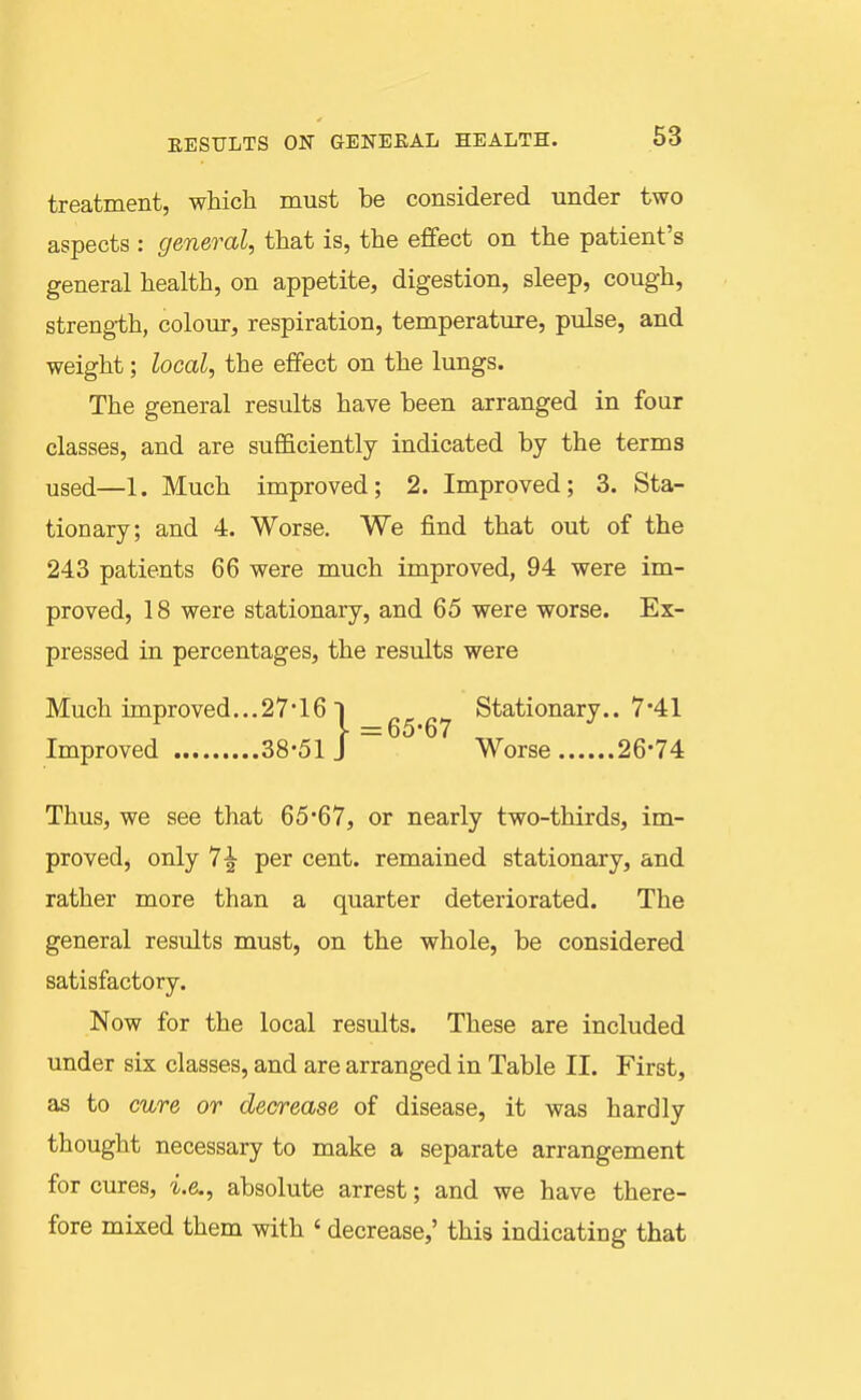 treatment, which must be considered under two aspects : general, that is, the effect on the patient's general health, on appetite, digestion, sleep, cough, strength, colour, respiration, temperature, pulse, and weight; local, the effect on the lungs. The general results have been arranged in four classes, and are sufficiently indicated by the terms used—1. Much improved; 2. Improved; 3. Sta- tionary; and 4. Worse. We find that out of the 243 patients 66 were much improved, 94 were im- proved, 18 were stationary, and 65 were worse. Ex- pressed in percentages, the results were Much improved...27'16 I ^ Stationary.. 7'41 J. =65'67 Improved 38-51 J Worse 26-74 Thus, we see that 65-67, or nearly two-thirds, im- proved, only 7^ per cent, remained stationary, and rather more than a quarter deteriorated. The general results must, on the whole, be considered satisfactory. Now for the local results. These are included under six classes, and are arranged in Table II. First, as to cure or decrease of disease, it was hardly thought necessary to make a separate arrangement for cures, i.e., absolute arrest; and we have there- fore mixed them with ' decrease,' this indicating that