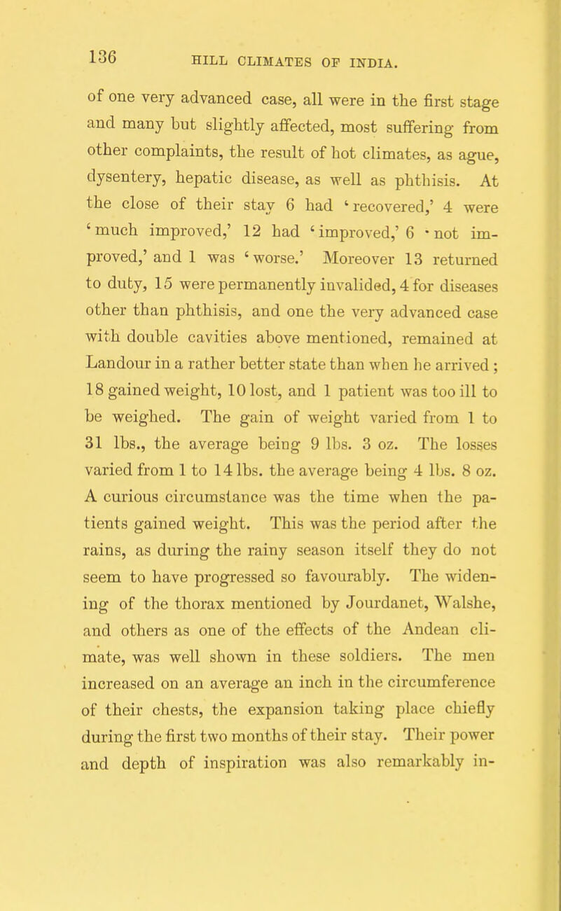 of one very advanced case, all were in the first stage and many but slightly affected, most suffering from other complaints, the result of hot climates, as ague, dysentery, hepatic disease, as well as phthisis. At the close of their stay 6 had 'recovered,' 4 were 'much improved,' 12 had 'improved,'6 -not im- proved,'and 1 was 'worse.' Moreover 13 returned to duty, 15 were permanently invalided, 4 for diseases other than phthisis, and one the very advanced case with double cavities above mentioned, remained at Landour in a rather better state than when he arrived; 18 gained weight, 10 lost, and 1 patient was too ill to be weighed. The gain of weight varied from 1 to 31 lbs., the average being 9 lbs. 3 oz. The losses varied from 1 to 14 lbs. the average being 4 lbs. 8 oz. A curious circumstance was the time when the pa- tients gained weight. This was the period after the rains, as during the rainy season itself they do not seem to have progressed so favourably. The widen- ing of the thorax mentioned by Jourdanet, Walshe, and others as one of the effects of the Andean cli- mate, was well shown in these soldiers. The men increased on an average an inch in the circumference of their chests, the expansion taking place chiefly during the first two months of their stay. Their power and depth of inspiration was also remarkably in-