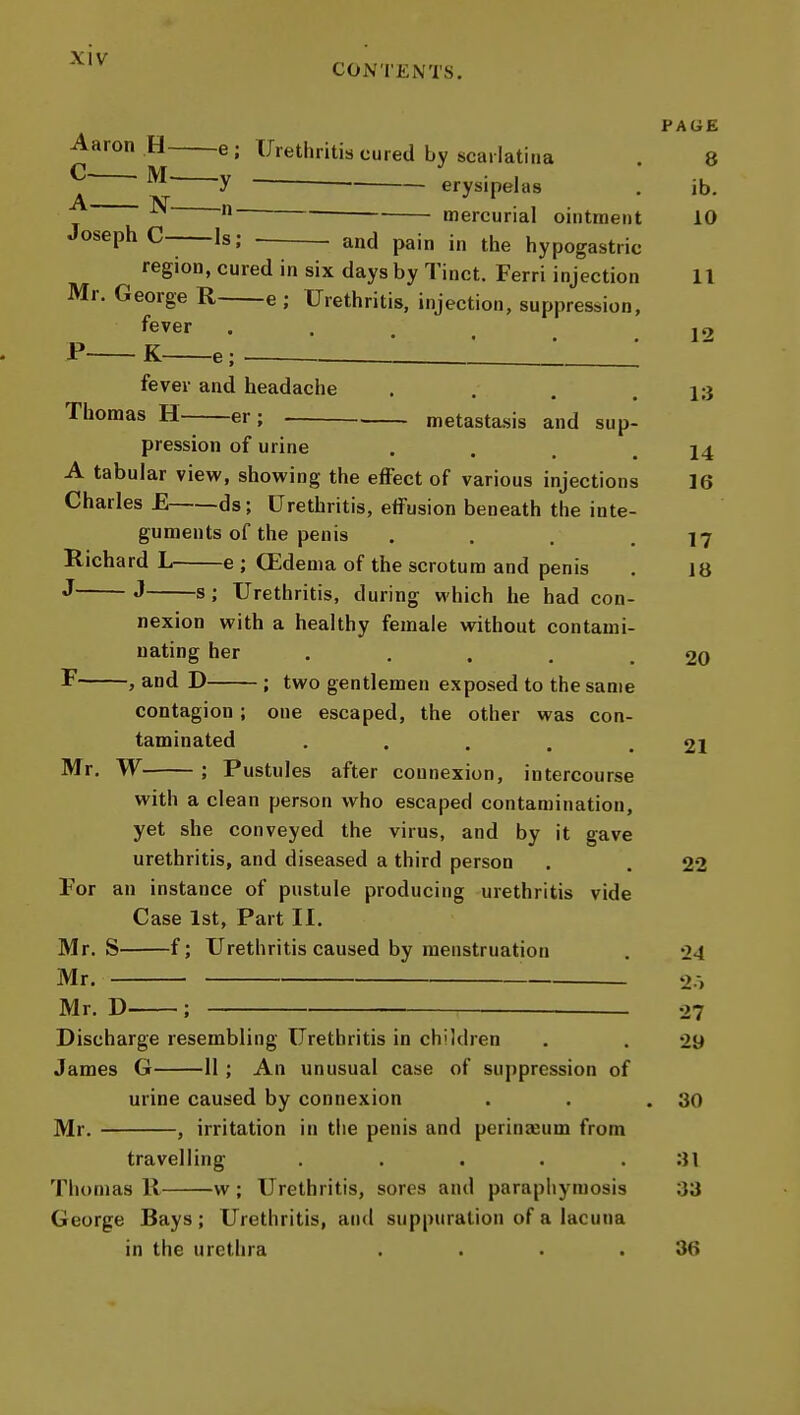 CONTENTS, PAGE Aaron H e ; XJretliritis cured by scarlatina . 8 C M y . erysipelas . ib. ^  mercurial ointment 10 Joseph C- Is; and pain in the hypogastric region, cured in six days by Tinct. Ferri injection 11 Mr. George R e ; Urethritis, injection, suppression, fever ... P K e : '_ ; fever and headache . . . .13 Thomas H er; metastasis and sup- pression of urine . . , .14 A tabular view, showing the effect of various injections 16 Charles £ ds; Urethritis, effusion beneath the inte- guments of the penis . . . .17 Richard L e ; CEdema of the scrotum and penis . 18 J J s; Urethritis, during which he had con- nexion with a healthy female without contami- nating her . . . . .20 F 5 and D ; two gentlemen exposed to the same contagion; one escaped, the other was con- taminated . . . . .21 Mr. W ; Pustules after connexion, intercourse with a clean person who escaped contamination, yet she conveyed the virus, and by it gave urethritis, and diseased a third person . . 22 For an instance of pustule producing urethritis vide Case 1st, Part II. Mr. S f; Urethritis caused by menstruation . 24 Mr. 2o Mr. D ; 27 Discharge resembling Urethritis in children . . 29 James G 11 ; An unusual case of suppression of urine caused by connexion . . .30 Mr. , irritation in the penis and perinjeum from travelling . . . . .31 Thomas R w ; Urethritis, sores and parapliymosis 33 George Bays ; Urethritis, and suppuration of a lacuna in the urethra . . . .36