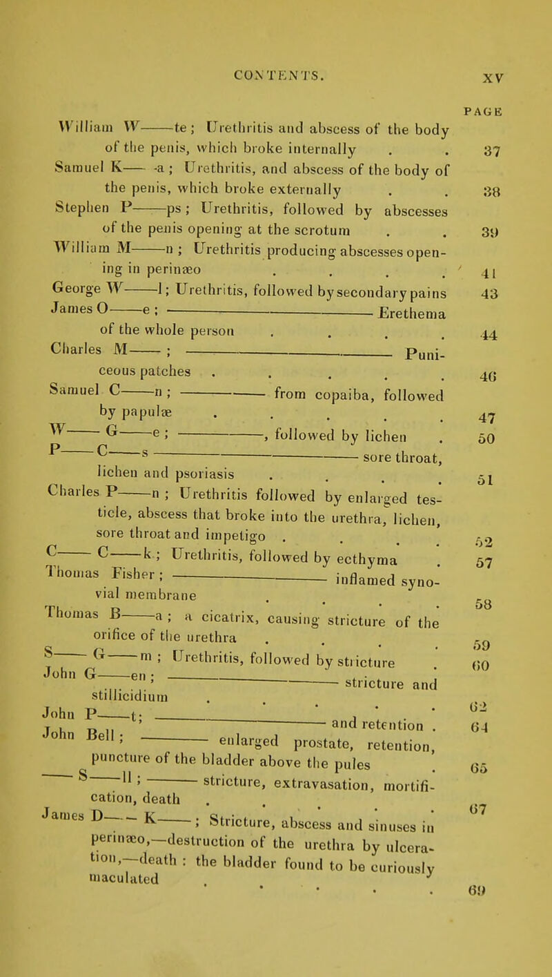 PAGE VVilliain VV te ; [Iretin itis and abscess of the body of tlie penis, whicii broke internally . . 37 Samuel K -a ; Urethritis, and abscess of the body of the penis, which broke externally . , 33 Stephen P ps; Urethritis, followed by abscesses of the penis opening at the scrotum . . 39 Willium M n ; Urethritis producing abscesses open- ing in perinaeo . . . . 41 George W 1; Urethritis, followed by secondary pains 43 James O e; Erethema of the whole person . , . . 44 Charles M ; . Puni- ceous patches . . ... 40 Samuel C n ; from copaiba, followed by papuliE • .... 47 ^ ^; , followed by lichen , 50 ^ ^ sore throat, lichen and psoriasis . , , Charles P n ; Urethritis followed by enlarged tes- ticle, abscess that broke into the urethra,^ lichen, sore throat and impetigo . . ' ^ ^ k ; Urethritis, followed by ecthyma 57 Thomas Fisher; inflamed syno- vial membrane • • , Thomas B a ; a cicatrix, causing stricture of the orifice of the urethra ^ ^ f» ; Urethritis, followed by stricture John G en ; . , • , . , ' ■ stricture and stillicidium John P 1; __o A \ ■ ' T . „ and retention . 64 John Bell; . enlarged prostate, retention, puncture of the bladder above the pules . 65 S II ; stricture, extravasation, mortifi- cation, death James D K ; Stricture, abscess and sinuses in perinaeo,-destruction of the urethra by ulcera. tion,~death : the bladder found to be curiously maculated 58 69 <)0 67 6!>