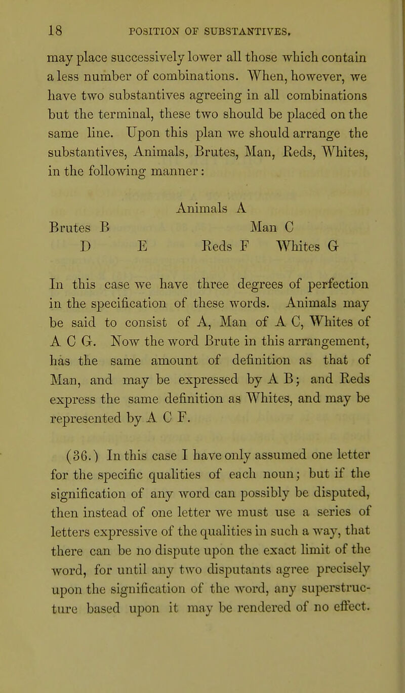 may place successively lower all those which contain a less number of combinations. When, however, we have two substantives agreeing in all combinations but the terminal, these two should be placed on the same line. Upon this plan we should arrange the substantives, Animals, Brutes, Man, Reds, Whites, in the following manner: Animals A Brutes B Man C D E Reds F mites G In this case we have three degrees of perfection in the specification of these words. Animals may be said to consist of A, Man of A C, Whites of A C G. Now the word Brute in this arrangement, has the same amount of definition as that of Man, and may be expressed by AB; and Reds express the same definition as Whites, and may be represented by A C F. (36.) In this case I have only assumed one letter for the specific qualities of each noun; but if the signification of any word can possibly be disputed, then instead of one letter we must use a series of letters expressive of the qualities in such a way, that there can be no dispute upon the exact limit of the word, for until any two disputants agree precisely upon the signification of the word, any superstruc- ture based upon it may be rendered of no effect.