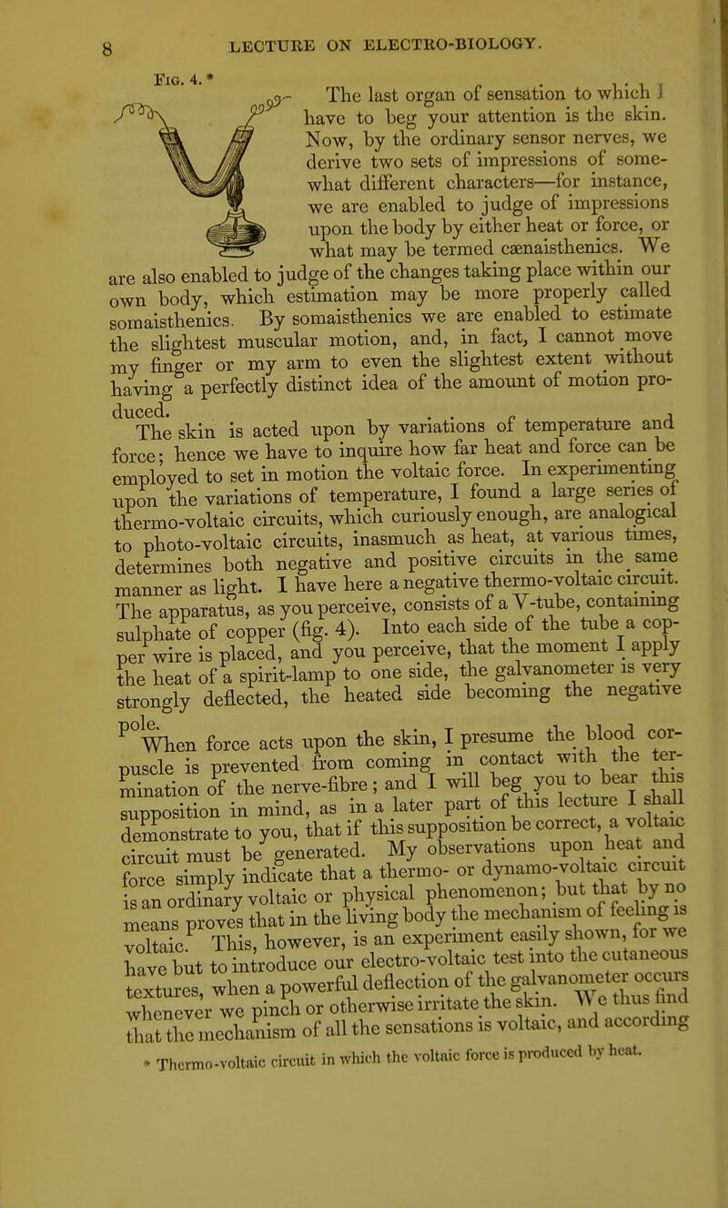 FiG. 4. * . . , _ The last organ of sensation to which J have to beg your attention is the skin. Now, by the ordinary sensor nerves, we derive two sets of impressions of some- what different characters—for instance, we are enabled to judge of impressions upon the body by either heat or force, or what may be termed caenaisthenics. We are also enabled to judge of the changes taking place within our own body, which estimation may be more properly called somaisthenics. By somaisthenics we are enabled to estimate the slightest muscular motion, and, in fact, I cannot move my finger or my arm to even the slightest extent without having a perfectly distinct idea of the amount of motion pro- dUThe skin is acted upon by variations of temperature and force- hence we have to inquire how far heat and force can be employed to set in motion the voltaic force. In experimenting upon the variations of temperature, I found a large series of thermo-voltaic circuits, which curiously enough, are analogical to photo-voltaic circuits, inasmuch as heat, at various times, determines both negative and positive circuits in the same manner as light. I have here a negative thermo-voltaic circuit. The apparatus, as you perceive, consists of a V-tube, containing sulphate of copper (fig. 4). Into each side of the tube a cop- per wire is placed, and you perceive, that the moment I apply the heat of a spirit-lamp to one side, the galvanometer is very strongly deflected, the heated side becoming the negative P°When force acts upon the skin, I presume the Wood cor- puscle is prevented from coming in contact with the ter- mination oPf the nerve-fibre; and I will beg you o bear A» supposition in mind, as in a later part of this lecture I shall demonstrate to you, that if this supposition be correct, a voltaic circuit must be* generated. My observations upon heat and force simply indicate that a thermo- or dynamo-voltaic circuit ran ordTnary voltaic or physical phenomenon; but that by no meTspWs that in the living body the mechanism of fee mg is voS This, however, is an experiment easily shown for we W but to in roduce our electro-voltaic test into the cutaneous txtures when a powerful deflection of the galvanometer occurs whenever wpinch or otherwise irritate the skin. We thus find ttX mechaLm of all the sensations is voltaic, and according * Thermo-voltaic circuit in which the voltaic force is produced by heat.