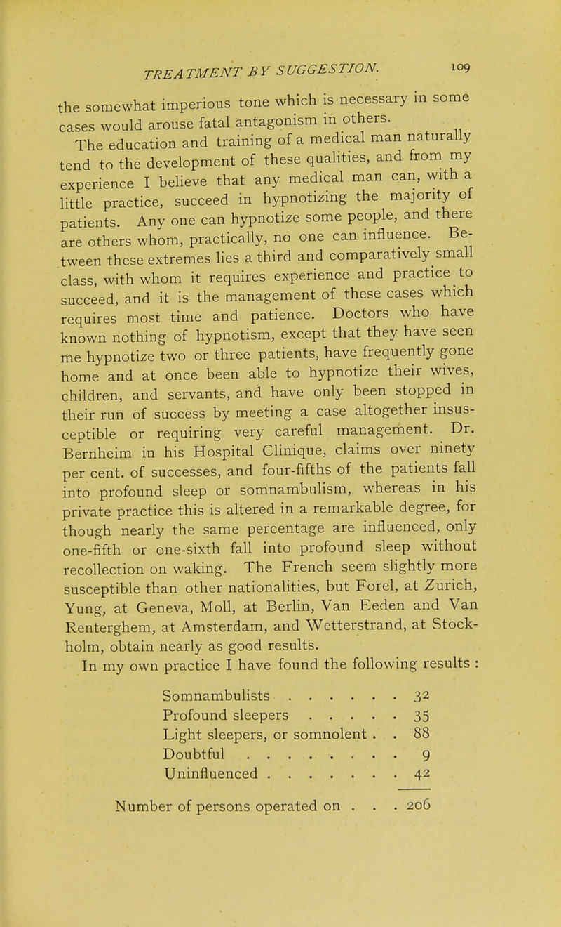 the somewhat imperious tone which is necessary in some cases would arouse fatal antagonism m others. The education and training of a medical man naturally tend to the development of these qualities, and from my experience I believe that any medical man can, with a little practice, succeed in hypnotizing the majority of patients. Any one can hypnotize some people, and there are others whom, practically, no one can influence. Be- tween these extremes lies a third and comparatively small class, with whom it requires experience and practice to succeed, and it is the management of these cases which requires most time and patience. Doctors who have known nothing of hypnotism, except that they have seen me hypnotize two or three patients, have frequently gone home and at once been able to hypnotize their wives, children, and servants, and have only been stopped in their run of success by meeting a case altogether insus- ceptible or requiring very careful management. ^ Dr. Bernheim in his Hospital Clinique, claims over ninety per cent, of successes, and four-fifths of the patients fall into profound sleep or somnambulism, whereas in his private practice this is altered in a remarkable degree, for though nearly the same percentage are influenced, only one-fifth or one-sixth fall into profound sleep without recollection on waking. The French seem slightly more susceptible than other nationalities, but Forel, at Zurich, Yung, at Geneva, Moll, at Berlin, Van Eeden and Van Renterghem, at Amsterdam, and Wetterstrand, at Stock- holm, obtain nearly as good results. In my own practice I have found the following results : Somnambulists 32 Profound sleepers 35 Light sleepers, or somnolent . . 88 Doubtful 9 Uninfluenced 42 Number of persons operated on . . . 206