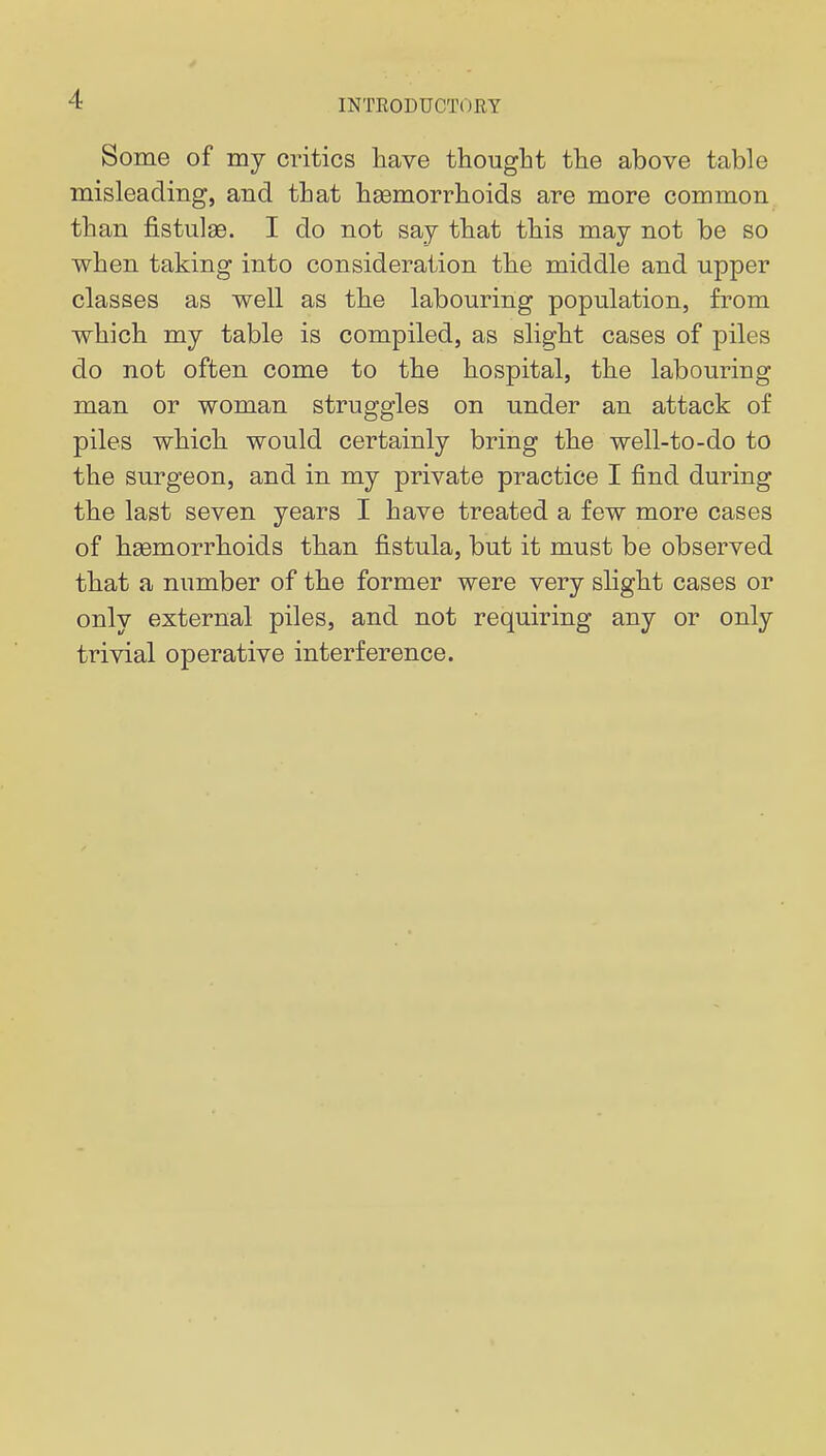 Some of my critics have thought the above table misleading, and that haemorrhoids are more common than fistulas. I do not say that this may not be so when taking into consideration the middle and upper classes as well as the labouring population, from which my table is compiled, as slight cases of piles do not often come to the hospital, the labouring man or woman struggles on under an attack of piles which would certainly bring the well-to-do to the surgeon, and in my private practice I find during the last seven years I have treated a few more cases of heemorrhoids than fistula, but it must be observed that a number of the former were very slight cases or only external piles, and not requiring any or only trivial operative interference.