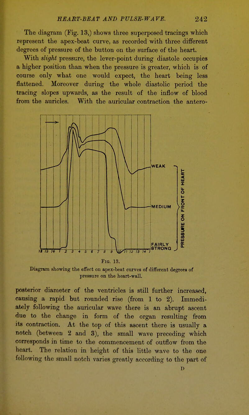 The diagram (Fig. 13,) shows three superposed tracings which represent the apex-beat curve, as recorded with three different degrees of pressure of the button on the surface of the heart. With slight pressure, the lever-point during diastole occupies a higher position than when the pressure is greater, which is of course only what one would expect, the heart being less flattened. Moreover during the whole diastolic period the tracing slopes upwards, as the result of the inflow of blood from the auricles. With the auricular contraction the antero- Fio. 13. Diagram showing the effect on apex-beat curves of different degrees of pressure on the heart-wall. posterior diameter of the ventricles is still further increased, causing a rapid but rounded rise (from 1 to 2). Immedi- ately following the auricular wave there is an abrupt ascent due to the change in form of the organ resulting from its contraction. At the top of this ascent there is usually a notch (between 2 and 3), the small wave preceding which corresponds in time to the commencement of outflow from the heart. The relation in height of this little wave to the one following the small notch varies greatly according to the part of D