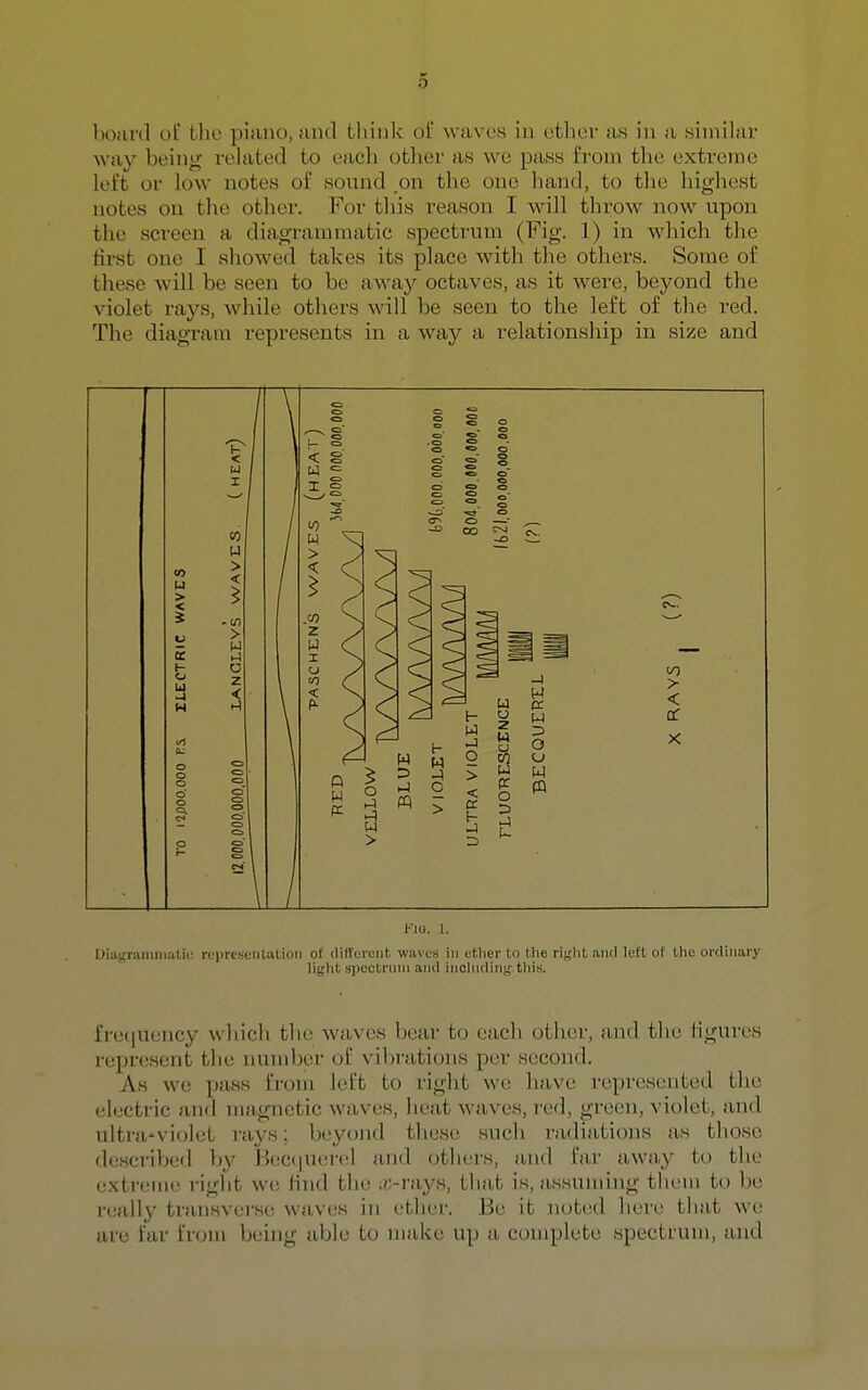 board of the piano, and think of waves iu etlier as in a similar way being related to each other as we pass from the extreme left or low notes of sound on the one hand, to tlie highest notes on the other. For tliis reason I will throw now upon the screen a diagrammatic spectrum (Fig. 1) in which the tirst one I showed takes its place with the others. Some of these will be seen to be away octaves, as it were, beyond the violet rays, while others will be seen to the left of the red. The diagram represents in a way a relationship in size and T I/) > < or Flu. 1. Diagraiiini.atic representaLioii of different waves in ether to tlie right and left of the ordinary light spectrnni and including thisi. fre(|uency which the waves bear to each other, and the tigures represent the number of vibrations per second. As we pass from left to right we have represented the electric and magnetic waves, heat waves, red, green, violet, and ultra-violet rays; beyond these such radiations as those described by Becquerel and others, and far away to the extreme riglit we Hnd the ,>;-rays, that is, assuming them to be really transvei'se waves in etiier. Be it noted here that we are far from being able to make up a complete spectrum, and