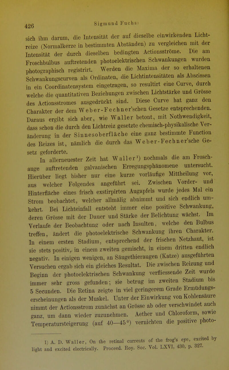 sieh ihm darum, die Intensität der auf dieselbe einwirkenden Licht- reize (Normalkerze in bestimmten Abständen) zu vergleichen mit der Intensität der durch dieselben bedingten Actionsströme. Die am Froschbulbus auftretenden photoelektrischen Schwankungen wurden photographisch registrirt. Werden die Maxima der so erhaltenen Schwankungscurven als Ordinaten, die Lichtintensitäten als Abscissen in ein Coordinatensystem eingetragen, so resultirt eine Curve, durch welche die quantitativen Beziehungen zwischen Lichtstärke und Grösse des Actionsstromes ausgedrückt sind. Diese Curve hat ganz den Charakter der dem Weber-Fechner'schen Gesetze entsprechenden. Daraus ergibt sich aber, wie Waller betont, mit Notwendigkeit, dass schon die durch den Lichtreiz gesetzte chemisch-physikalische Ver- änderuno- in der Sinnesoberfläche eine ganz bestimmte Function des Reiz°es ist, nämlich die durch das Weber-Fechner'sche Ge- setz geforderte. In allerneuester Zeit hat Waller1) nochmals die am Frosch- auge auftretenden galvanischen Erregungsphänomene untersucht. Hierüber liegt bisher nur eine kurze vorläufige Mittheilung vor, aus welcher Folgendes angeführt sei. Zwischen Vorder- und Hinterfiäche eines frisch exstirpirten Augapfels wurde jedes Mal ein Strom beobachtet, welcher allmälig abnimmt und sich endlich um- kehrt. Bei Lichteinfall entsteht immer eine positive Schwankung, deren Grösse mit der Dauer und Stärke der Belichtung wächst. Im Verlaufe der Beobachtung oder nach Insulten, welche den Bulbus treffen, ändert die photoelektrische Schwankung ihren Charakter. In einem ersten Stadium, entsprechend der frischen Netzhaut, ist sie stets positiv,, in einem zweiten gemischt, in einem dritten endlich negativ. In einigen wenigen, an Säugethieraugen (Katze) ausgeführten Versuchen ergab sich ein gleiches Resultat. Die zwischen Reizung und Beginn der photoelektrischen Schwankung vergessende Zeit wurde immer sehr gross gefunden; sie betrug im zweiten Stadium bis 5 Secunden. Die Retina zeigte in viel geringerem Grade Ermüdungs- erscheinungen als der Muskel. Unter der Einwirkung von Kohlensäure nimmt der Actionsstrom zunächst an Grösse ab oder verschwindet auch ganz, um dann wieder zuzunehmen. Aether und Chloroform, sowie Temperatursteigerung (auf 40-45°) vernichten die positive photo- 1) A. D. Waller, On the retinal currents of the frog's eye, excited by light and excited electrically. Proceed. Roy. Soc. Vol. LXVI, 430, p. 327.