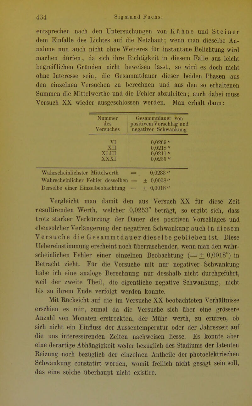 entsprechen nach den Untersuchungen von Kühne und Steiner dem Einfalle des Lichtes auf die Netzhaut; wenn man dieselbe An- nahme nun auch nicht ohne Weiteres für instantane Belichtung wird machen dürfen, da sich ihre Richtigkeit in diesem Falle aus leicht begreiflichen Gründen nicht beweisen lässt, so wird es doch nicht ohne Interesse sein, die Gesammtdauer dieser beiden Phasen aus den einzelnen Versuchen zu berechnen und aus den so erhaltenen Summen die Mittelwerthe und die Fehler abzuleiten; auch dabei muss Versuch XX wieder ausgeschlossen werden. Man erhält dann: Nummer Gesammtdauer von des positivem Vorschlag und Versuches negativer Schwankung VI 0,0269  XII 0,0218 XL1II 0,0211 XXXI 0,0235  Wahrscheinlichster Mittelwerth 0,0233  Wahrscheinlicher Fehler desselben = ± 0,0008 Derselbe einer Einzelbeobachtung = ± 0,0018 Vergleicht man damit den aus Versuch XX für diese Zeit resultirenden Werth, welcher 0,0253 beträgt, so ergibt sich, dass trotz starker Verkürzung der Dauer des positiven Vorschlages und ebensolcher Verlängerung der negativen Schwankung auch in diesem Versuche die Gesammtdauer dieselbe geblieben ist. Diese Uebereinstimmung erscheint noch überraschender, wenn man den wahr- scheinlichen Fehler einer einzelnen Beobachtung (= + 0,0018) in Betracht zieht. Für die Versuche mit nur negativer Schwankung habe ich eine analoge Berechnung nur desshalb nicht durchgeführt, weil der zweite Theil, die eigentliche negative Schwankung, nicht bis zu ihrem Ende verfolgt werden konnte. Mit Rücksicht auf die im Versuche XX beobachteten Verhältnisse erschien es mir, zumal da die Versuche sich über eine grössere Anzahl von Monaten erstreckten, der Mühe werth, zu eruiren, ob sich nicht ein Einfluss der Aussentemperatur oder der Jahreszeit auf die uns interessirenden Zeiten nachweisen Hesse. Es konnte aber eine derartige Abhängigkeit weder bezüglich des Stadiums der latenten Reizung noch bezüglich der einzelnen Antheile der photoelektrischen Schwankung constatirt werden, womit freilich nicht gesagt sein soll, das eine solche überhaupt nicht existire.