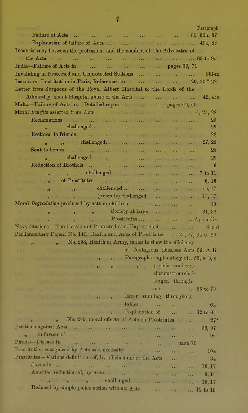 Paragraph. Failure of Acts 80, 80n, 87 Explanation of failure of Acts 49a, 88 Inconsistency between the professions and the eonduct of the Advocates of the Acts 89 to 95 India,—Failure of Acts in pages 39, 71 Invaliding in Protected and Unprotected Stations ... ... ... ... 801-m Lecour on Prostitution in Paris, Eeferences to ... ... ... 20, 20,* 22 Letter from Surgeons of the Royal Albert Hospital to the Lords of the Admiralty, about Hospital abuse of the Acts .. ... ... ... 42,43a Malta—Failure of Acts in. Detailed report ... ... ... pages 65, 69 Moral Benefits asserted from Acts ... ... ... ... ... ..6,23,28 Reclamations ... ... ... ... ... ... ... ... 28 „ challenged • ... ... ... ... ... ... 29 Restored to friends .. ... ... ... ... ... ... 28 „ „ challenged 27,29 Sent to homes ... ... ... ... ... ... 28 „ challenged ... ... ... ... ... ... 29 Reduction of Brothels .. .. ... ... ... ... ... 6 i, „ challenged 7 to 11 „ of Prostitutes 6, 16 ii „ challenged 15,17 ,, ,, (juvenile) challenged ... ... ... 16,17 Moral Degradation produced by acts in children ... ... ... ... 30 ii » » Society at large 31, 32 „ „ „ Prostitutes Appendix Navy Stations—Classification of Protected and Unprotected ... ... 80c-d Parliamentary Paper, No. 149, Health and Ages of Prostitutes ... 2>, 27, 82 to 86 No. 208, Health of Army, tables to shew the efficiency of Contagious Diseases Acts 55, A B „ „ Paragraphs explanatory of...55, a, b, o „ „ ,, premises and con- clusions from chal- lenged through- out 66 to 70 „ „ Error running throughout tables... ... ... ... 62 „ „ Explanation <>f 62 to 64 „ „ No. 209, moral effects of Acts on Prostitutes ... 27* Petitions against Acts ... ... ... ... ... ... 96, 97 „ in favour of ... ... ... ... 95 Pirseus—Disease in ... ... ... ... ... ... page 70 Prostitution recognized by Acts as a necessity ... ... ... ... 104 Prostitutes—Various definitions of, by officials under the Acts 34 Juvenile V'! 16,17 As <ei ted reduction of, by Acts .. ... .. .. ... iit g j(j » >> « challenged ... ... ... ... ]5f 17 Reduced by simple police action without Acts 12 to 15