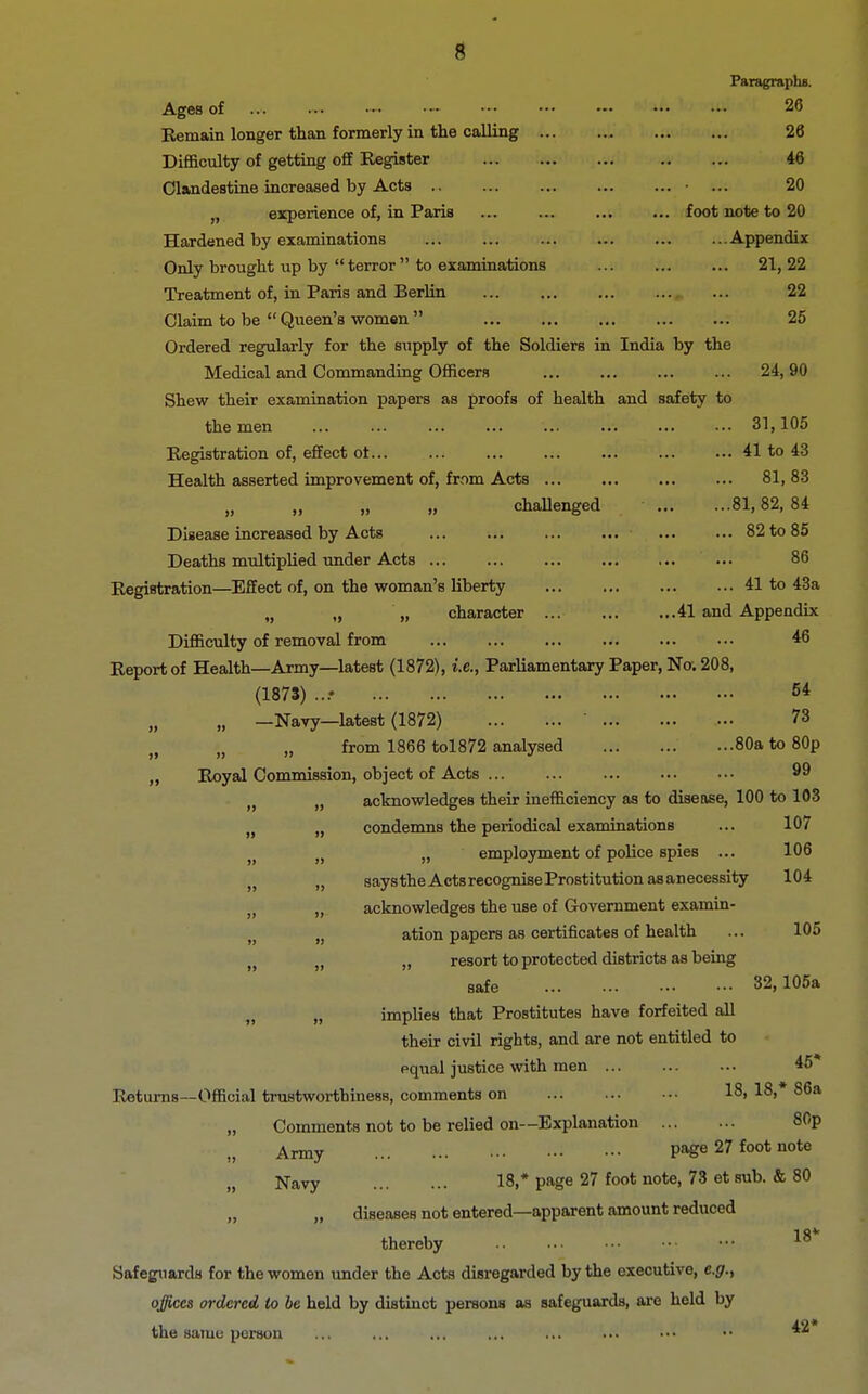 22 25 24, 90 ... 31,105 ... 41 to 43 ... 81,83 ...81, 82, 84 ... 82 to 85 86 ... 41 to 43a 41 and Appendix 46 8 Paragraphs. Ages of 26 Remain longer than formerly in the calling 26 Difficulty of getting off Register 46 Clandestine increased by Acts • ... 20 „ experience of, in Paris ... ... ... ... foot note to 20 Hardened by examinations Appendix Only brought up by  terror  to examinations 21, 22 Treatment of, in Paris and Berlin Claim to be  Queen's women  Ordered regularly for the supply of the Soldiers in India by the Medical and Commanding Officers Shew their examination papers as proofs of health and safety to the men Registration of, effect of... Health asserted improvement of, from Acts „ „ » challenged Disease increased by Acts ... ... ... ... Deaths multiplied under Acts Registration—Effect of, on the woman's liberty „ „ „ character ... Difficulty of removal from Report of Health—Army—latest (1872), i.e., Parliamentary Paper, No. 208, (1873) 6* M —Navy—latest (1872) - 73 f, „ „ from 1866 tol872 analysed 80a to 80p „ Royal Commission, object of Acts 99 acknowledges their inefficiency as to disease, 100 to 103 condemns the periodical examinations ... 107 „ employment of police spies ... 106 saysthe Acts recognise Prostitution asanecessity 104 acknowledges the use of Government examin- ation papers as certificates of health ... 105 „ resort to protected districts as being safe 32,105a M implies that Prostitutes have forfeited all their civil rights, and are not entitled to equal justice with men ... ... ... 45* Returns—Official trustworthiness, comments on 18, 18,* 86a „ Comments not to be relied on—Explanation 80p Army P*6e 27 foot n°te Navy 18,* page 27 foot note, 73 et sub. & 80 „ „ diseases not entered—apparent amount reduced thereby Safeguards for the women under the Acts disregarded by the executive, e.g., offices ordered to be held by distinct persons as safeguards, are held by the same person ... ... ■ ... 18* 42*