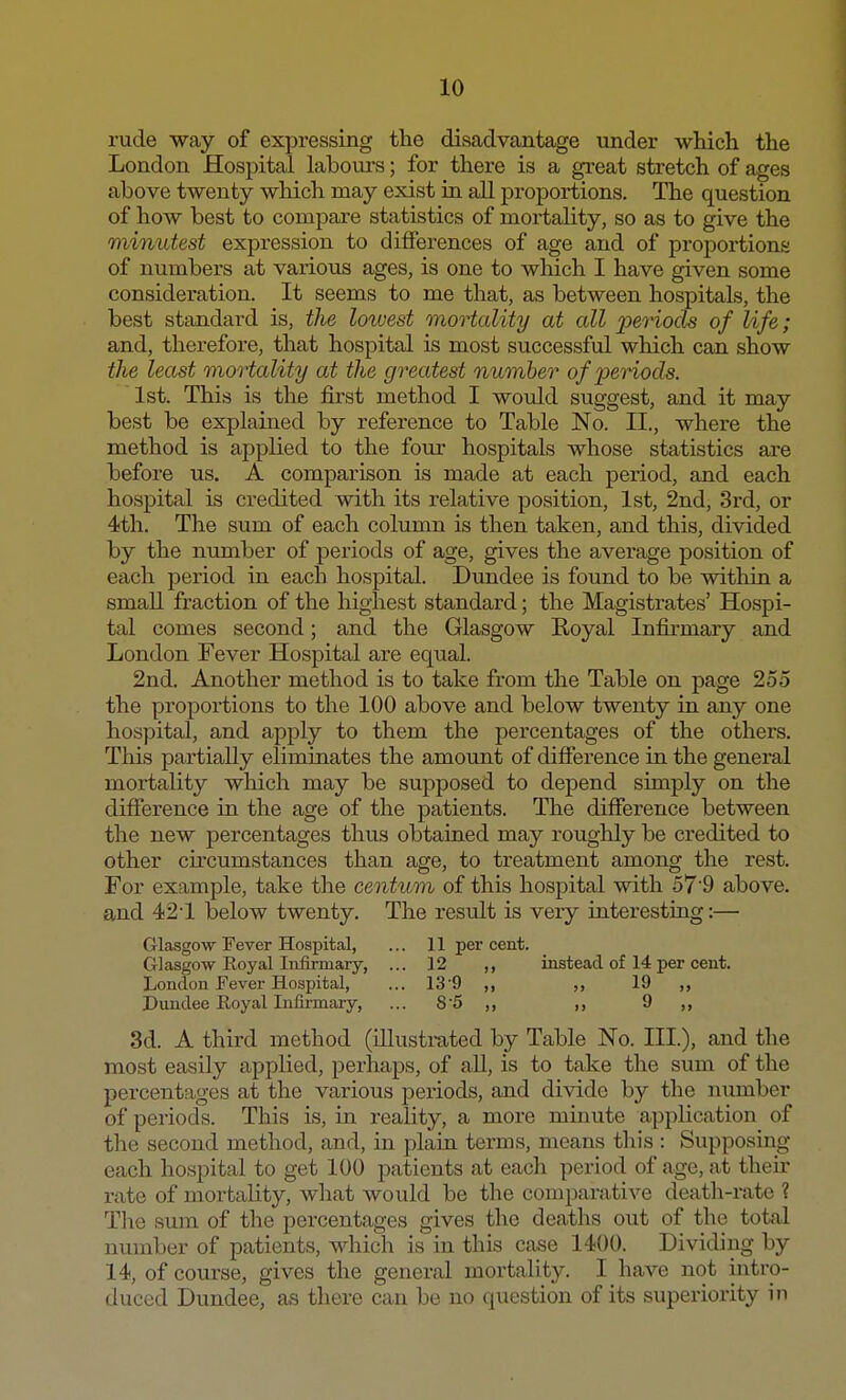 rude way of expressing the disadvantage under which the London Hospital labours; for there is a great stretch of ages above twenty which may exist in all proportions. The question of how best to compare statistics of mortality, so as to give the minutest expression to differences of age and of proportions of numbers at various ages, is one to which I have given some consideration. It seems to me that, as between hospitals, the best standard is, the lowest mortality at all periods of life; and, therefore, that hospital is most successful which can show the least mortality at the greatest number of periods. 1st. This is the first method I would suggest, and it may best be explained by reference to Table No. II., where the method is applied to the four hospitals whose statistics are before us. A comparison is made at each period, and each hospital is credited with its relative position, 1st, 2nd, 3rd, or 4th. The sum of each column is then taken, and this, divided by the number of periods of age, gives the average position of each period in each hospital. Dundee is found to be within a small fraction of the highest standard; the Magistrates' Hospi- tal comes second; and the Glasgow Royal Infirmary and London Fever Hospital are equal. 2nd. Another method is to take from the Table on page 255 the proportions to the 100 above and below twenty in any one hospital, and apply to them the percentages of the others. This partially eliminates the amount of difference in the general mortality which may be supposed to depend simply on the difference in the age of the patients. The difference between the new percentages thus obtained may roughly be credited to other circumstances than age, to treatment among the rest. For example, take the centum of this hospital with 57'9 above, and 42-l below twenty. The result is very interesting:— Glasgow Fever Hospital, ... 11 per cent. Glasgow Koyal Infirmary, ... 12 ,, instead of 14 per cent. London Fever Hospital, ... 13 9 ,, „ 19 ,, Dundee Koyal Infirmary, ... 85 ,, ,, 9 ,, 3d. A third method (illustrated by Table No. III.), and the most easily applied, perhaps, of all, is to take the sum of the percentages at the various periods, and divide by the number of periods. This is, in reality, a more minute application of the second method, and, in plain terms, means this : Supposing each hospital to get 100 patients at each period of age, at their rate of mortality, what would be the comparative death-rate ? The sum of the percentages gives the deaths out of the total number of patients, which is in this case 1400. Dividing by 14, of course, gives the general mortality. I have not intro- duced Dundee, as there can be no question of its superiority in