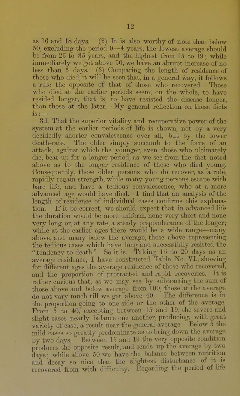 as 16 and 18 days. (2) It is also worthy of note that below 50, excluding the period 0—4 years, the lowest average should be from 25 to 35 years, and the highest from 15 to 19; while immediately we get above 50, we have an abrupt increase of no less than 5 days. (3) Comparing the length of residence of those who died, it will be seen that, in a general way, it follows a rule the opposite of that of those who recovered. Those who died at the earlier periods seem, on the whole, to have resided longer, that is, to have resisted the disease longer, than those at the later. My general reflection on these facts is:— 3d. That the superior vitality and recuperative power of the system at the earlier periods of life is shown, not by a very decidedly shorter convalescence over all, but by the lower death-rate. The older simply succumb to the force of an attack, against which the younger, even those who ultimately die, bear up for a longer period, as we see from the fact noted above as to the longer residence of those who died young. Consequently, those older persons who do recover, as a rule, rapidly regain strength, while many young persons escape with bare life, and have a tedious convalescence, who at a more advanced age would have died. I find that an analysis of the length of residence of individual cases confirms this explana- tion. If it be correct, we should expect that in advanced life the duration would be more uniform, none very short and none very long, or, at any rate, a steady preponderance of the longer; while at the earlier ages there would be a wide range—many above, and many below the average, those above representing the tedious cases which have long and successfully resisted the  tendency to death. So it is. Taking 15 to 20 days as an average residence, I have constructed Table No. VI., showing for diffei-ent ages the average residence of those who recovered, and the proportion of protracted and rapid recoveries. It is rather curious that, as we may see by subtracting the sum of those above and below average from 100, those at the average do not vary much till we get above 40. The difference is in the proportion going to one side or the other of the average. From 5 to 40, excepting between 15 and 19, the severe and slight cases nearly balance one another, producing, with great variety of case, a result near the general average. Below 5 the mild cases so greatly predominate as to bring down the average by two days. Between 15 and 19 the very opposite condition produces the opposite result, and sends up the average by two days; while above 50 we have the balance between nutrition and decay so nice that the slightest disturbance of it is recovered from with difficulty. Regarding the period of life