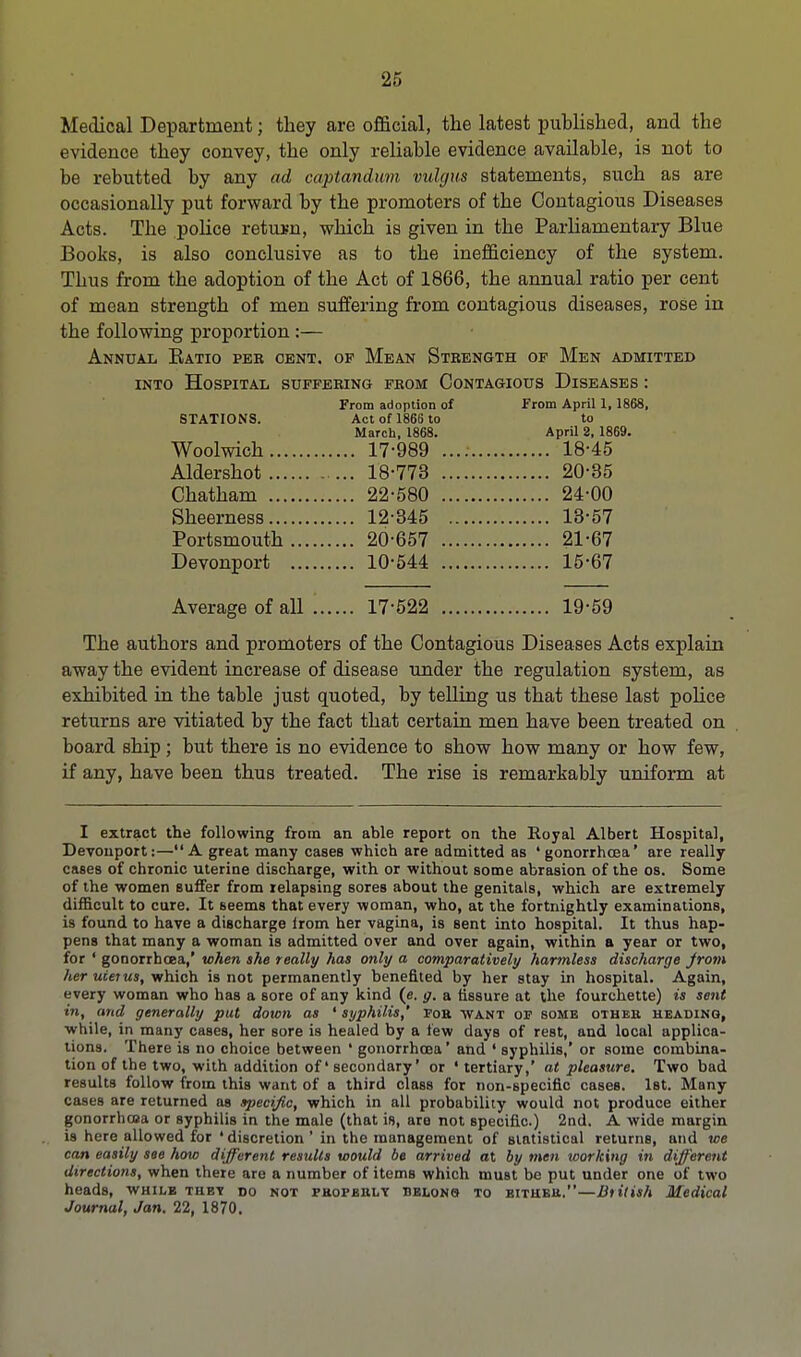 Medical Department; they are official, the latest published, and the evidence they convey, the only reliable evidence available, is not to be rebutted by any ad captandum vulgus statements, such as are occasionally put forward by the promoters of the Contagious Diseases Acts. The police retusn, which is given in the Parliamentary Blue Books, is also conclusive as to the inefficiency of the system. Thus from the adoption of the Act of 1866, the annual ratio per cent of mean strength of men suffering from contagious diseases, rose in the following proportion :— Annual Batio pee cent, of Mean Strength of Men admitted into Hospital suffering from Contagious Diseases : From adoption of From April 1, 1868, STATIONS. Act of 1866 to to March, 1868. April 2, 1869. Woolwich 17-989 18-45 Aldershot 18-773 20-35 Chatham 22-580 24-00 Sheerness 12-345 13-57 Portsmouth 20-657 21-67 Devonport 10-544 15-67 Average of all 17-522 19-59 The authors and promoters of the Contagious Diseases Acts explain away the evident increase of disease under the regulation system, as exhibited in the table just quoted, by telling us that these last police returns are vitiated by the fact that certain men have been treated on board ship ; but there is no evidence to show how many or how few, if any, have been thus treated. The rise is remarkably uniform at I extract the following from an able report on the Royal Albert Hospital, Devonport:—A great many cases which are admitted as 'gonorrhoea' are really cases of chronic uterine discharge, with or without some abrasion of the os. Some of the women Buffer from relapsing sores about the genitals, which are extremely difficult to cure. It seems that every woman, who, at the fortnightly examinations, is found to have a discharge lrom her vagina, is sent into hospital. It thus hap- pens that many a woman is admitted over and over again, within a year or two, for ' gonorrhoea,' when she really has only a comparatively harmless discharge Jrom her uiei us, which is not permanently benefited by her stay in hospital. Again, every woman who has a sore of any kind (e. g. a fissure at the fourchette) is sent in, and generally put down as ' syphilis,' for want op some other heading, while, in many cases, her sore is healed by a lew days of rest, and local applica- tions. There is no choice between ' gonorrhoea' and ' syphilis,' or some combina- tion of the two, with addition of' secondary' or ' tertiary,' at pleasure. Two bad results follow from this want of a third class for non-specific cases. 1st. Many cases are returned as specific, which in all probability would not produce either gonorrhoea or syphilis in the male (that is, are not specific.) 2nd. A wide margin is here allowed for ' discretion ' in the management of statistical returns, and we can easily see how different results would be arrived at by men working in different directions, when there are a number of items which must be put under one of two heads, while thbt do not properly belons to bithbr.—Biitish Medical Journal, Jan. 22, 1870.