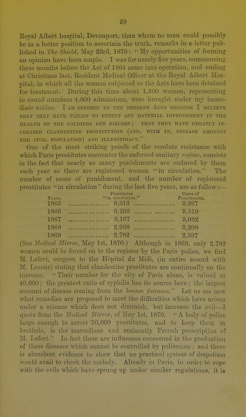 Eoyal Albert hospital, Devonport, than whom no man could possibly be in a better position to ascertain the truth, remarks in a letter pub- lished in The Shield, May 23rd, 1870 : My opportunities of forming an opinion have been ample. I was for nearly five years, commencing three months before the Act of 1864 came into operation, and ending at Christmas last, Kesident Medical Officer at the Eoyal Albert Hos- pital, in which all the women subjected to the Acts have been detained for treatment. During this time about 1,500 women, representing in round numbers 4,000 admissions, were brought under my imme- diate notice. I am opposed to the present Acts because I believe THAT THEY HAVE FAILED TO EFFECT ANY MATERIAL IMPROVEMENT IN THE HEALTH OF THE SOLDIERS AND SAILORS J THAT THEY HAVE GREATLY IN- CREASED CLANDESTINE PROSTITUTION (AND, WITH IT, DISEASE AMONGST THE CIVIL POPULATION) AND ILLEGITIMACY. One of the most striking proofs of the resolute resistance with which Paris prostitutes encounter the enforced sanitary regime, consists in the fact that nearly as many punishments are endured by them each year as there are registered women in circulation. The number of cases of punishment, and the number of registered prostitutes in circulation during the last five years, are as follow:— Prostitutes Cases of Years. in circulation. Punishment. • 1865 3,313 3,267 1866 3,203 3,510 1867 3,167 3,032 1868 2,938 3,208 1869 2,782 2,597 (See Medical Mirror, May 1st, 1870.) Although in 1869, only 2,782 women could be forced on to the register by the Paris police, we find M. Lefort, surgeon to the Hopital du Midi, (in entire accord with M. Lecour) stating that clandestine prostitutes are continually on the increase.  Then number for the city of Paris alone, is valued at 40,000; the greatest ratio of syphilis has its source here ; the largest amount of disease coming from the bonnes fortunes. Let us see now what remedies are proposed to meet the difficulties which have arisen under a science which does not diminish, but increase the evil—I quote from the Medical Mirror, of May 1st, 1870. A body of police large enough to arrest '50,000 prostitutes, and to keep them in brothels, is the marvellous and eminently French prescription of M. Lefort., In fact there are influences concerned in the production of these diseases which cannot be controlled by policemen : and thorn is abundant evidence to show that no practical system of despotism would avail to check the malady. Already in Paris, in order to cope with the evils which have sprung up under similar regulations, it is