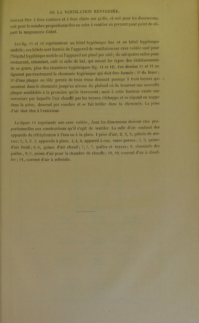 DE LA VENTILATION RENVERSÉE, doivent être à leiix continus et à feux clairs sur grille, et soit pour les dimensions, soit pour le nombre proportionnelles au cube à ventiler en prenant pour point de di^- part la magnanerie Cohet. Leslig. 14 et 10 représentent un hôtel hygiénique lixe et un hôtel hygiénique mobile ; ces hôtels sont formés de l'appareil de ventilation sur cave voûtée sauf pour l'hôpital hygiénique mobile oii l'appareil est placé par côté; ils ont quatre salles pour restaurant, estaminet, café et salle de bal, qui seront les types des établissements de ce genre, plus des chambres hygiéniques (lig. 11 et 12). Ces dessins li et 12 ne (igurent pas exactement la cheminée hygiénique qui doit être formée : i du foyer; 2» d'une plaque en tôle percée de trois trous donnant passage à trois tuyaux qui • montent dans le cheminée jusqu'au niveau du plafond où ils trouvent une nouvelle plaque semblable à la première qu'ils traversent; mais à celte hauteur existe une ouverture par laquelle l'air chauffé par les tuyaux s'échappe et se répand en nappe dans la pièce, descend par couches et se fait brûler dans la cheminée. La prise d'air doit être à l'extérieur. La figure 15 représente une cave voûtée, dont les dimensions doivent être pro- portionnelles aux constructions qu'il s'agit de ventiler. La salle d'air contient des appareils de réfrigération à l'eau ou à la glace. 1 prise d'air, 2, 2, 2, galerie de ser- vice; 3, 3, 3, 3, appareils à glace, 4,4-, 4, appareil à eau, vases poreux ; S, o, gaines d'air froid; 6,6, gaines d'air chaud; 7,7, 7, poêles et tuyaux; 8, cheminée des poêles, 9,0, prises d'air pour la chambre de chauffe; 10,10, courant d'air à chauf- fer; H, courant d'air à refroidir.