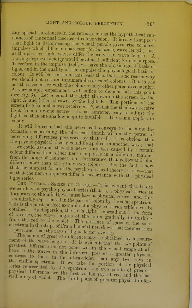 any special substances in the retina, such as the hypothetical sub- stances of the retinal theories of colour vision. It is easy to suppose that light m decomposing the visual purple gives rise to nerve impulses which differ in character (for instance, wave length) just as the physical light waves differ themselves in wave length A varying degree of acidity would be almost sufficient for our purpose Therefore, m the impulse itself, we have the physiological ba&^s of light, and in the quality of the impulse the physiological basis of colour. It will be seen from this-basis that there is no reason why we should not see an innumerable series of colours But this is not the case either with the colour or any other perceptive faculty A veiy simple experiment will suffice to demonstrate this point (see Fig. 3) Let a equal the light thrown on the screen by the light A and h that thrown by the light B. The portions of the screen free from shadows receive a + i, whilst the shadows receive ight from only one source. It is, however, easy to adjust the cdour^° ''''^ invisible. The same applies to It wiU be seen that the nerve ceU conveys to the mind in- formation concerning the physical stimuli within the power of perceiving differences possessed by that cell. It is obvious that the psycho-physical theory could be applied in another way that IS we could assume that the nerve impulses caused by a certain colour differed from other nerve impulses in a different manner from the range of the spectrum ; for instance, that yellow and blue fhfrfhir'Vf? ^^^^ ^he facts show th ^ .^r^ °™i'^ the psycho-physical theory is true-that llS serier''^' ''^ ' accordance with the physical 1 SEi^ifs OP C0L0UE.-It is evident that before we can have a psycho-physical series (that is, a physical series Js It appears to the mmd), we must have a physical series and his IS admirably represented in the case of colour by the solar spectrum This IS he most perfect example of a physicaUeries wWch anTe obtained. By dispersion, the sun's hght is spread out in the form frn^, tr' ^'T*^^ ^^'^ g^^dually diminisMn^ from the red to the violet. The presence of raT./i-,i fin i ^ rpuir1 ^--'-^er'^linershowsS the s'p ct^m 18 pure, and that the rays of light do not overlap ^P^ctium ment ofT.*^' °^ ^'i'''^'',*^ difference may be obtained by measure- visiDie ray of violet. The third point of greatest physical differ-