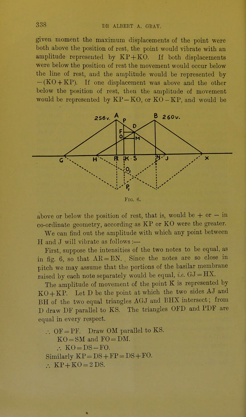 given moment the maximum displacements of the point were both above the position of rest, the point would vibrate with an amplitude represented by KP + KO. If both displacements were below the position of rest the movement would occur below the line of rest, and the amplitude would be represented by — (KO + KP). If one displacement was above and the other below the position of rest, then the amplitude of movement would be represented by KP —KO, or KO-KP, and would be Fig. 6. above or below the position of rest, that is, would be + or — in co-ordinate geometry, according as KP or KO were the greater. We can find out the amplitude with which any point between H and J will vibrate as follows :— First, suppose the intensities of the two notes to be equal, as in fig. 6, so that AK = BN. Since the notes are so close in pitch we may assume that the portions of the basilar membrane raised by each note separately would be equal, i.e. GJ = HX. The amplitude of movement of the point K is represented by KO + KP. Let D be the point at which the two sides AJ and BH of the two equal triangles AG J and BHX intersect; from D draw DF parallel to KS. The triangles OFD and PDF are equal in every respect. .-. OF = PF. Draw OM parallel to KS. KO = SM and FO = DM. .-. KO = DS-FO. Similarly KP = DS + FP = DS + FO. .-. KP + KO = 2DS.