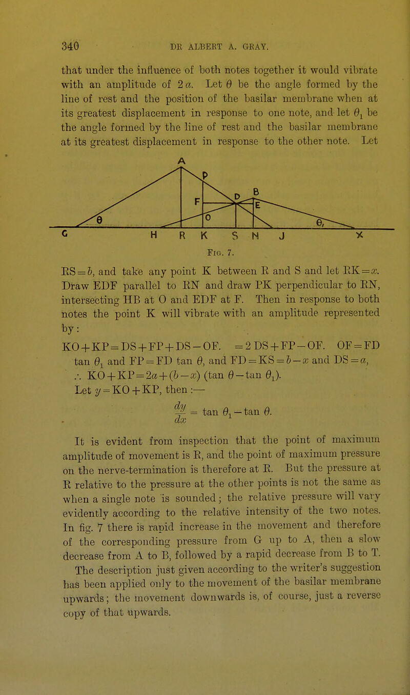 that under the influence of both notes together it would vibrate with an amplitude of 2 a. Let 6 be the angle formed by the line of rest and the position of the basilar membrane when at its greatest displacement in response to one note, and let 6l be the angle formed by the line of rest and the basilar membrane at its greatest displacement in response to the other note. Let Fig. 7. ES = &, and take any point K between E and S and let BK=x. Draw EDF parallel to EN and draw PK perpendicular to EN, intersecting HB at 0 and EDF at F. Then in response to both notes the point K will vibrate with an amplitude represented by: KO + KP = DS + FP + DS-OF. =2DS+FP-OF. OF = FD tan 61 and FP = FD tan 6, and FD = KS = &-a: and DS = a, .-. KO + KP = 2a+ (&-») (tan 0-tan 6J. Let?/ = KO + KP, then :— ^ = tan 6, — tan 6. ax It is evident from inspection that the point of maximum amplitude of movement is E, and the point of maximum pressure on the nerve-termination is therefore at E. But the pressure at E relative to the pressure at the other points is not the same as when a single note is sounded; the relative pressure will vary evidently according to the relative intensity of the two notes. In fig. 7 there is rapid increase in the movement and therefore of the corresponding pressure from G up to A, then a slow decrease from A to B, followed by a rapid decrease from B to T. The description just given according to the writer's suggestion has been applied only to the movement of the basilar membrane upwards; the movement downwards is, of course, just a reverse copy of that upwards.