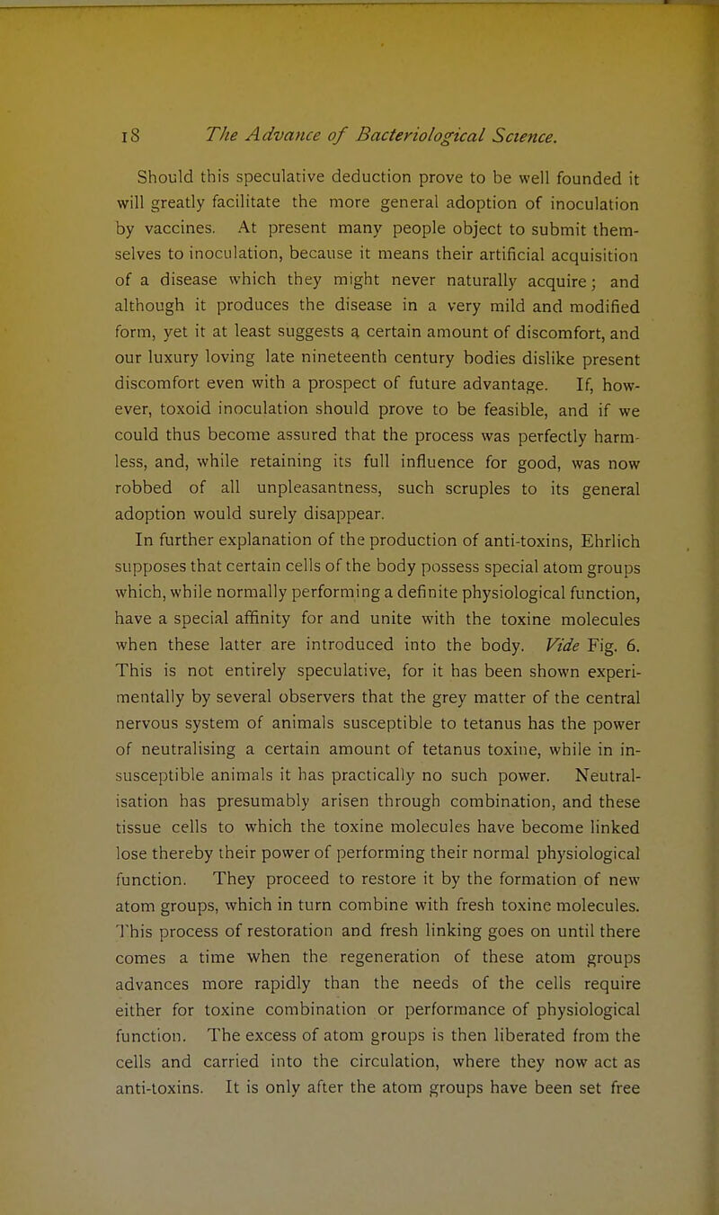 Should this speculative deduction prove to be well founded it will greatly facilitate the more general adoption of inoculation by vaccines. At present many people object to submit them- selves to inoculation, because it means their artificial acquisition of a disease which they might never naturally acquire; and although it produces the disease in a very mild and modified form, yet it at least suggests a certain amount of discomfort, and our luxury loving late nineteenth century bodies dislike present discomfort even with a prospect of future advantage. If, how- ever, toxoid inoculation should prove to be feasible, and if we could thus become assured that the process was perfectly harm- less, and, while retaining its full influence for good, was now robbed of all unpleasantness, such scruples to its general adoption would surely disappear. In further explanation of the production of anti-toxins, Ehrlich supposes that certain cells of the body possess special atom groups which, while normally performing a definite physiological function, have a special affinity for and unite with the toxine molecules when these latter are introduced into the body. Vide Fig. 6. This is not entirely speculative, for it has been shown experi- mentally by several observers that the grey matter of the central nervous system of animals susceptible to tetanus has the power of neutralising a certain amount of tetanus toxine, while in in- susceptible animals it has practically no such power. Neutral- isation has presumably arisen through combination, and these tissue cells to which the toxine molecules have become linked lose thereby their power of performing their normal physiological function. They proceed to restore it by the formation of new atom groups, which in turn combine with fresh toxine molecules. This process of restoration and fresh linking goes on until there comes a time when the regeneration of these atom groups advances more rapidly than the needs of the cells require either for toxine combination or performance of physiological function. The excess of atom groups is then liberated from the cells and carried into the circulation, where they now act as anti-toxins. It is only after the atom groups have been set free
